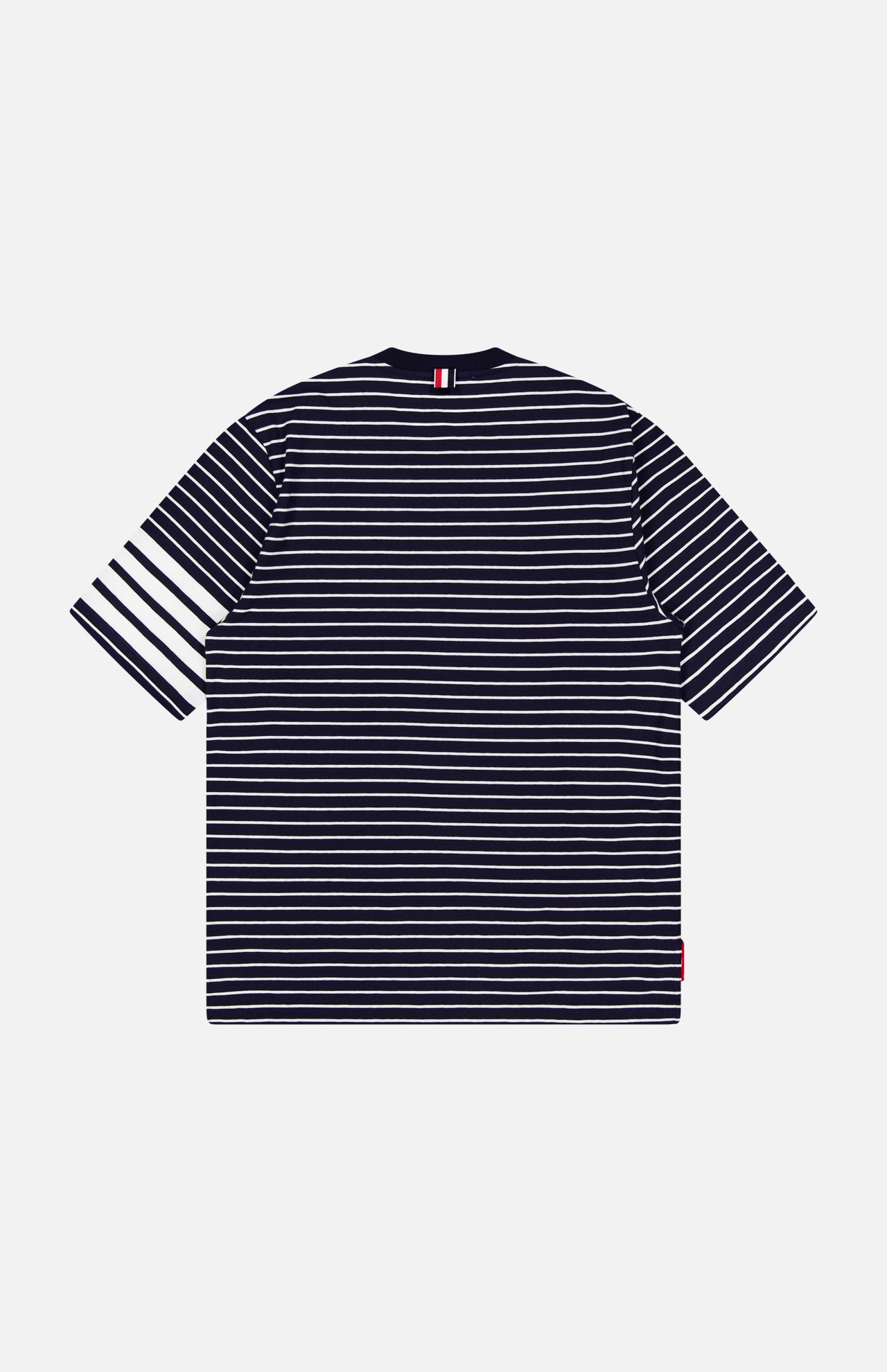 The THOM BROWNE Stripes Jersey Short Sleeve T-shirt is a navy and white men's tee, laid flat and viewed from the back, featuring short sleeves and four thick white stripes on the left sleeve.