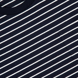 Close-up of the Stripes Jersey Short Sleeve T-shirt by THOM BROWNE, featuring navy and white stripes, round neckline, small chest pocket, and a branded label inside the collar.
