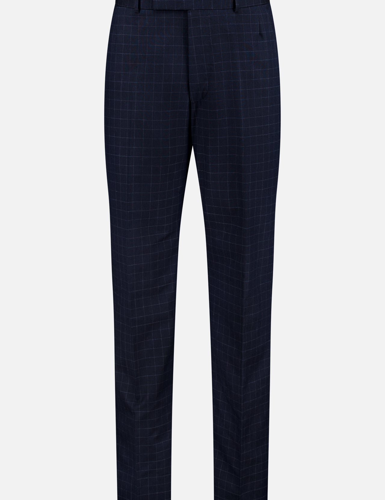 The THOM BROWNE Windowpane Check Cotton Wool Trouser Pant features a navy windowpane pattern, front crease, belt loops, and a slim fit in a soft cotton wool blend.