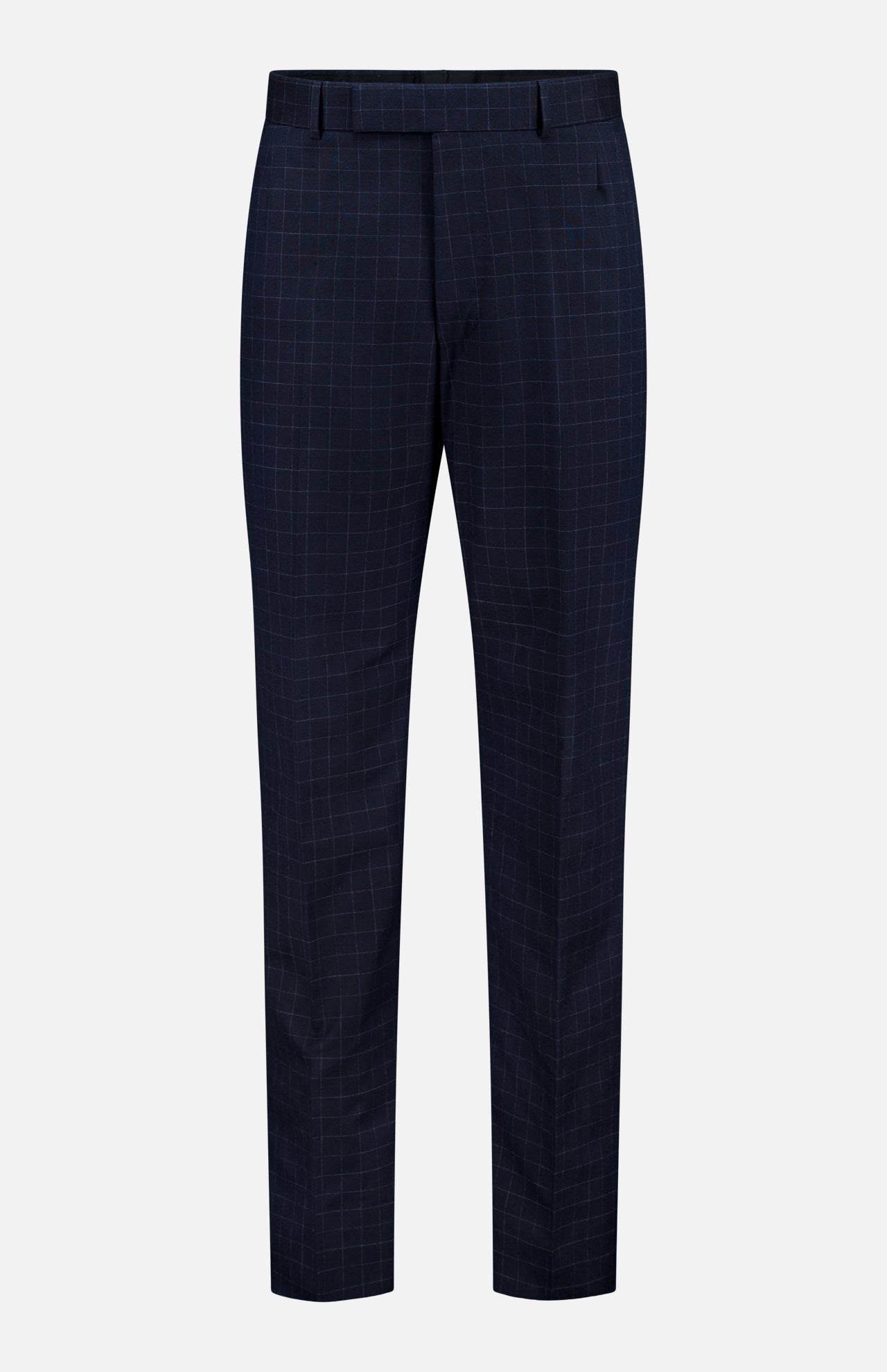 The THOM BROWNE Windowpane Check Cotton Wool Trouser Pant features a navy windowpane pattern, front crease, belt loops, and a slim fit in a soft cotton wool blend.