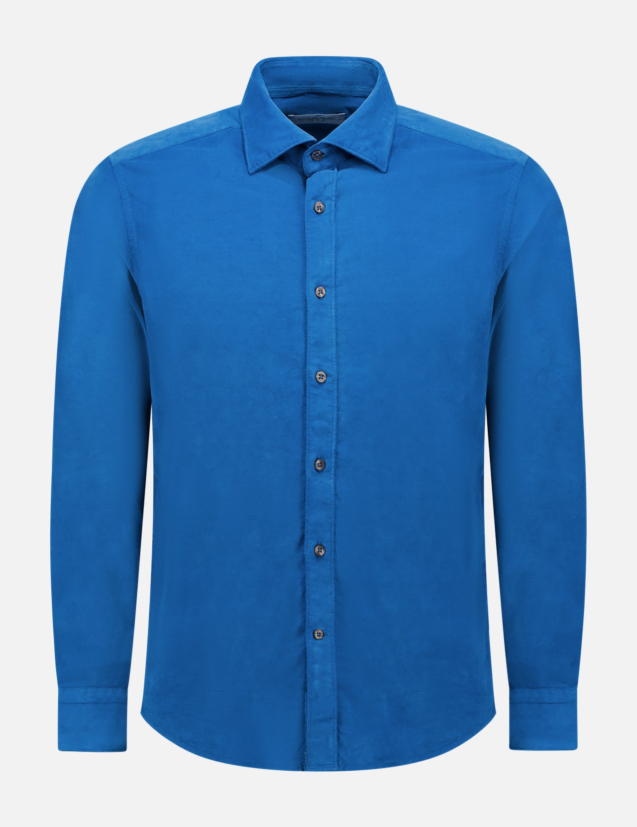 The TINTORIA MATTEI Garment Dyed Shirt is a long-sleeve, button-up cotton shirt in solid royal blue with a classic collar and dark buttons, featuring a subtle vintage look, shown on a white background.