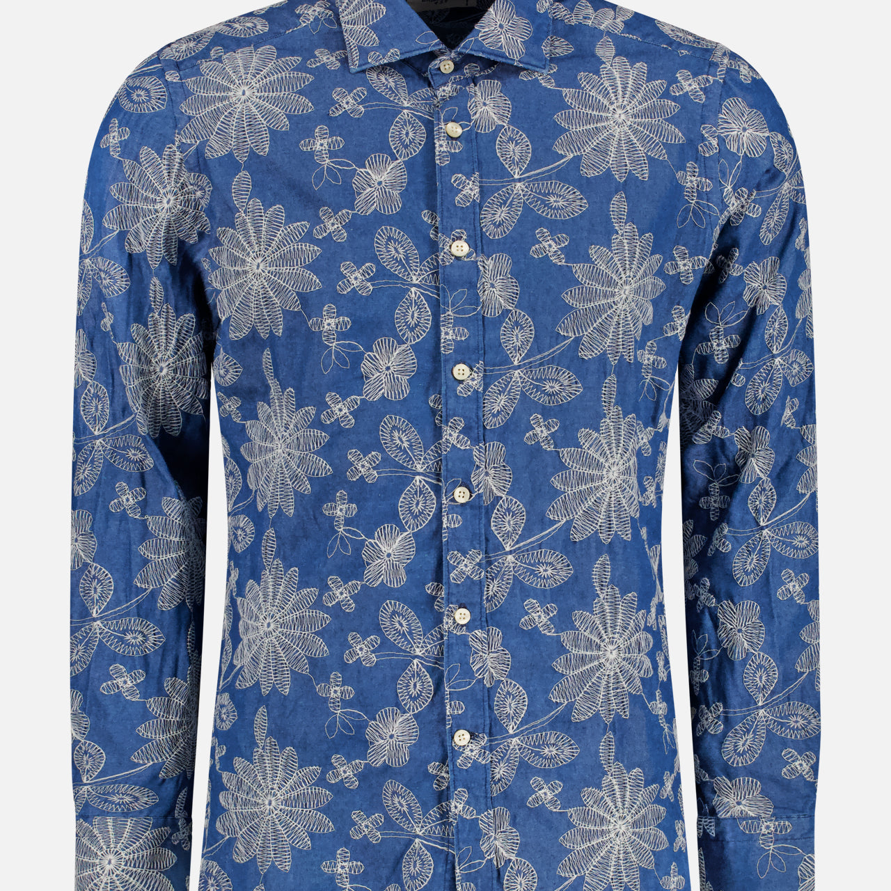 Long Sleeve Floral Stitch Denim Shirt (14639776399723)