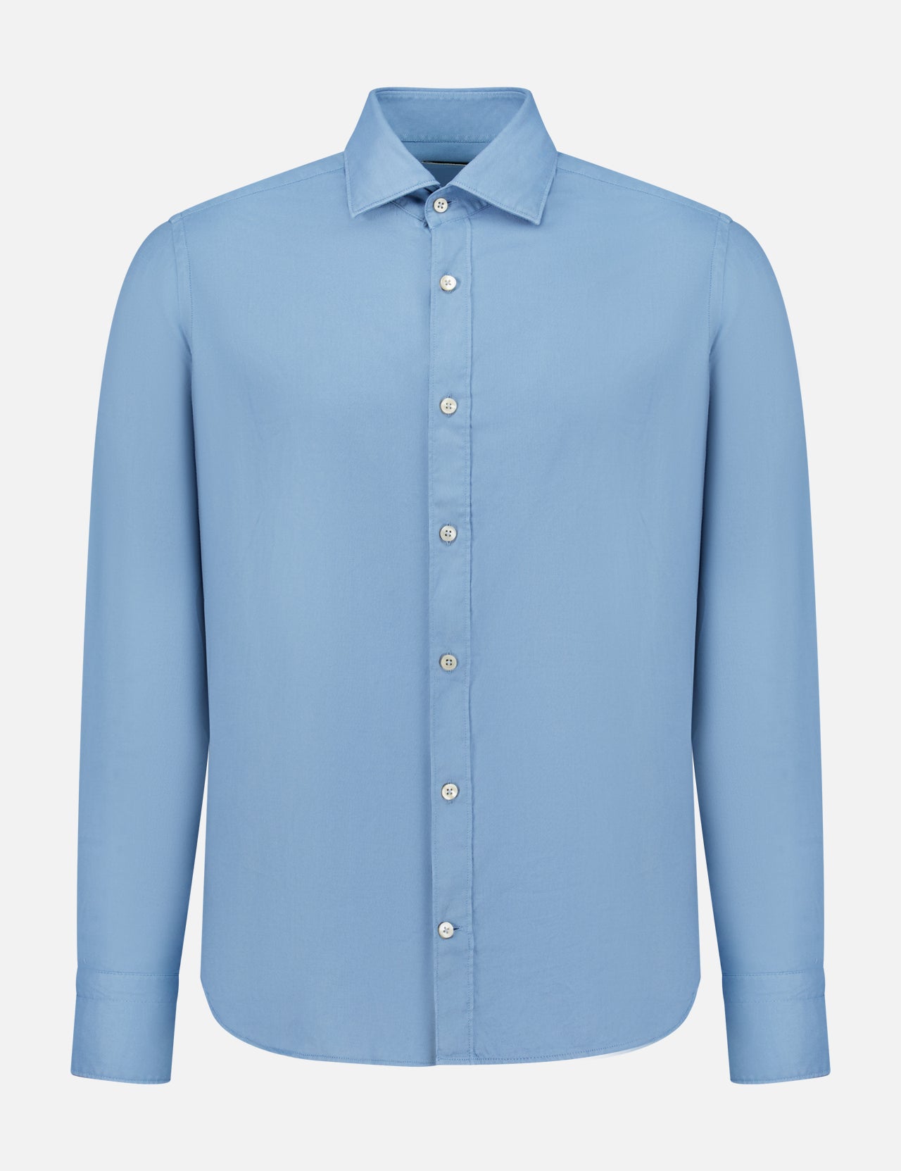 A TINTORIA MATTEI Cotton Long Sleeve Dress Shirt in light blue, featuring a classic collar, is displayed against a plain white background.