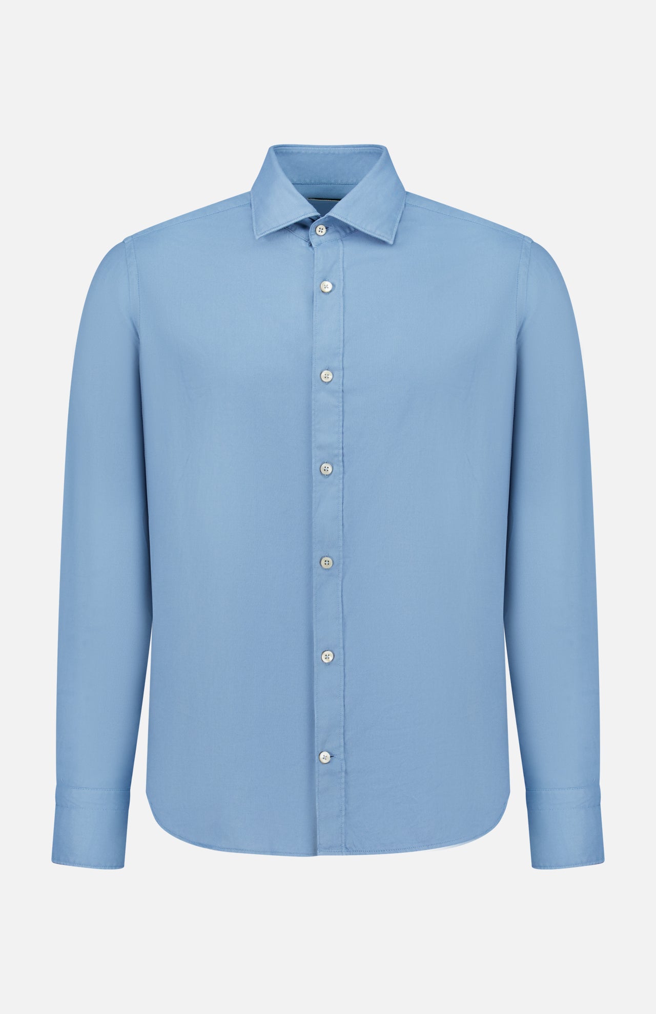 A TINTORIA MATTEI Cotton Long Sleeve Dress Shirt in light blue, featuring a classic collar, is displayed against a plain white background.
