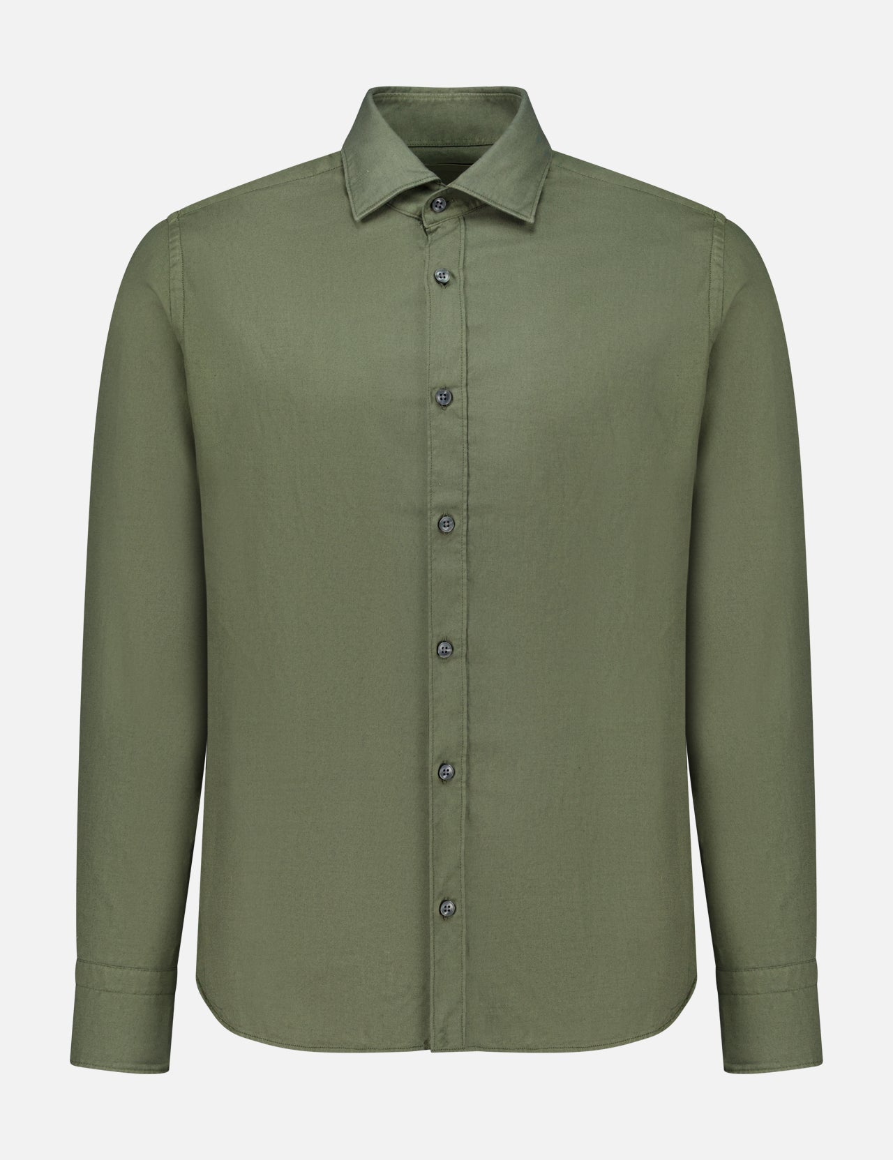 The TINTORIA MATTEI Cotton Long Sleeve Dress Shirt features a plain olive green design with a classic collar, long sleeves, and is crafted from soft cotton, displayed on a white background.