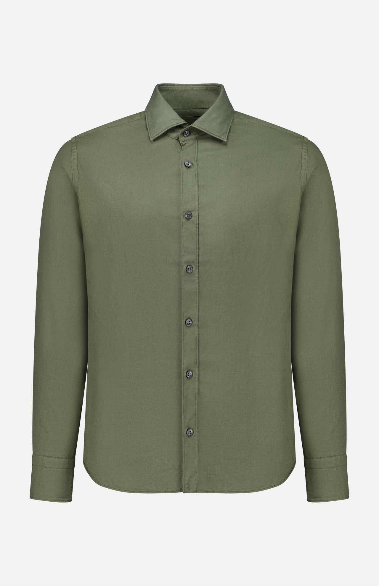 The TINTORIA MATTEI Cotton Long Sleeve Dress Shirt features a plain olive green design with a classic collar, long sleeves, and is crafted from soft cotton, displayed on a white background.