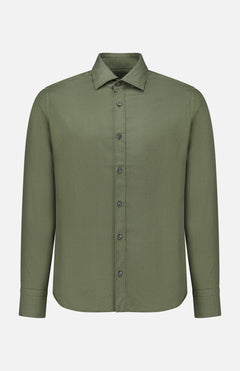 The TINTORIA MATTEI Cotton Long Sleeve Dress Shirt features a plain olive green design with a classic collar, long sleeves, and is crafted from soft cotton, displayed on a white background.