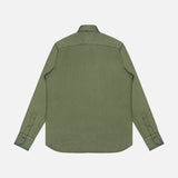 The TINTORIA MATTEI Cotton Long Sleeve Dress Shirt is featured in olive green, displayed from the back on a plain white background. Designed with a pointed collar and buttoned cuffs, this classic men’s shirt is crafted from soft cotton for optimal comfort and style—making it a versatile wardrobe essential.