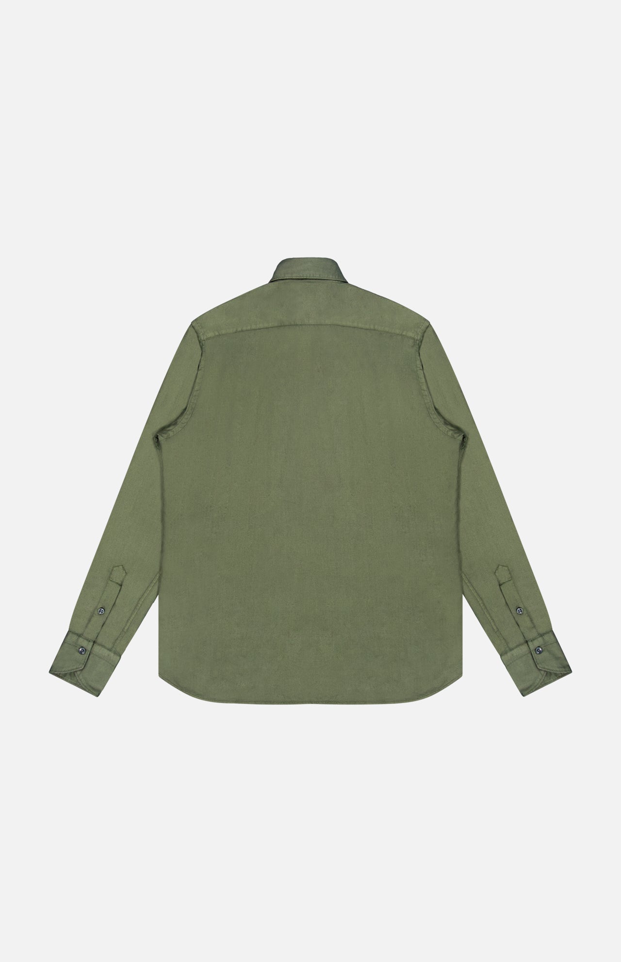 The TINTORIA MATTEI Cotton Long Sleeve Dress Shirt is featured in olive green, displayed from the back on a plain white background. Designed with a pointed collar and buttoned cuffs, this classic men’s shirt is crafted from soft cotton for optimal comfort and style—making it a versatile wardrobe essential.