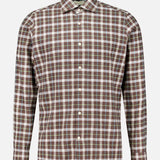Tintoria Mattei Cotton Plaid Shirt in brown with a button-up front and a white and teal pattern.