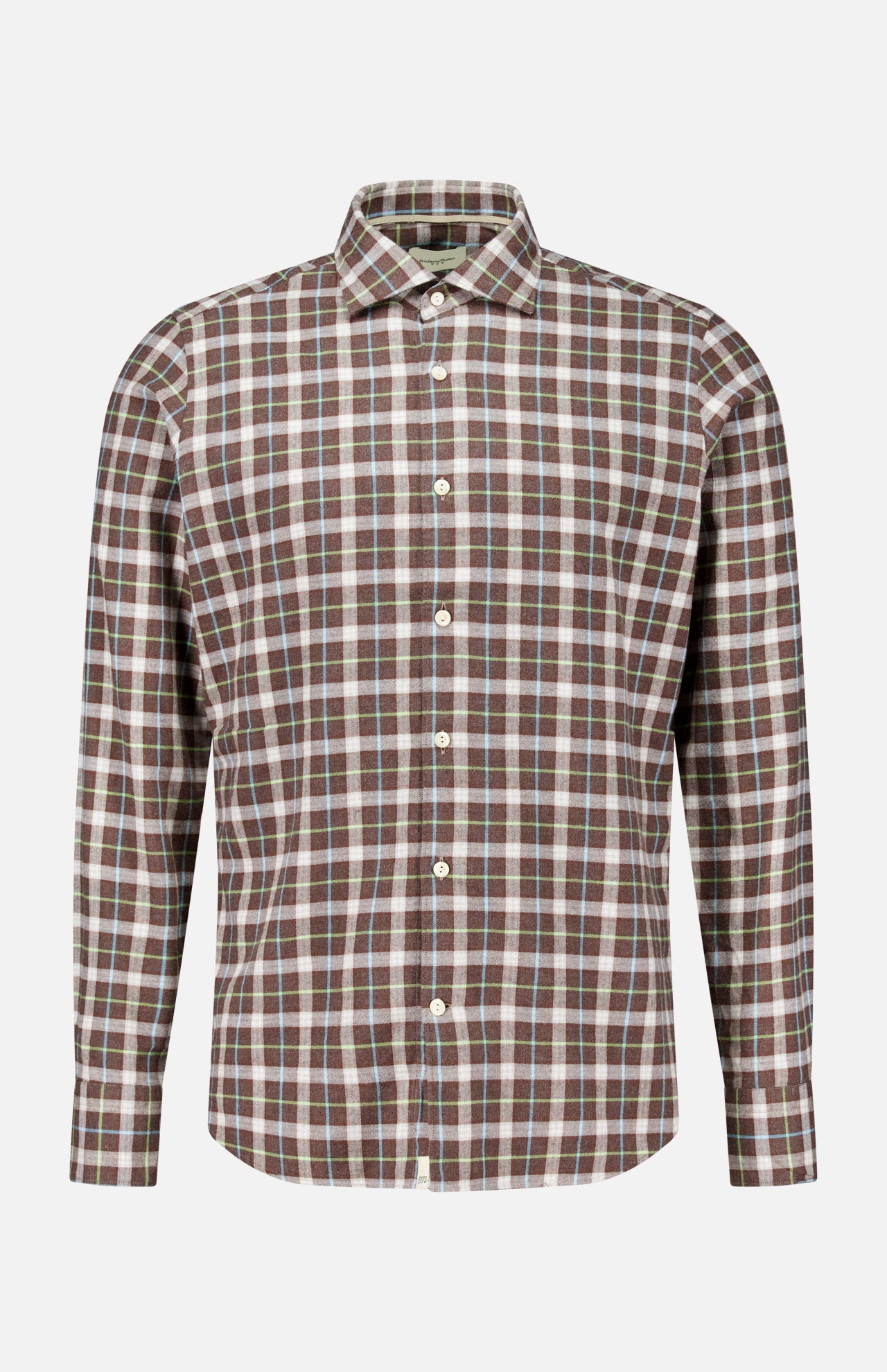 Tintoria Mattei Cotton Plaid Shirt in brown with a button-up front and a white and teal pattern.