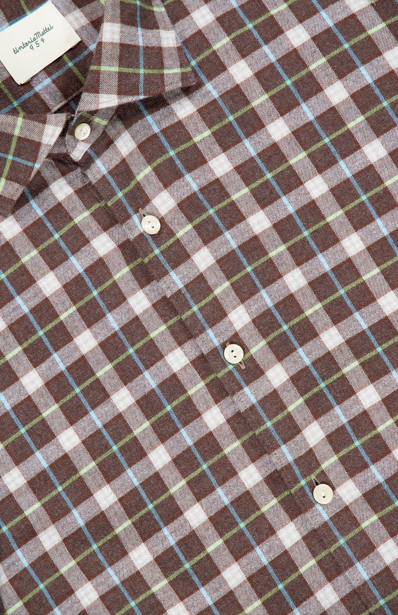 Tintoria Mattei Cotton Plaid Shirt in brown, white, blue, and lime green, a versatile button-down addition to any fall wardrobe.