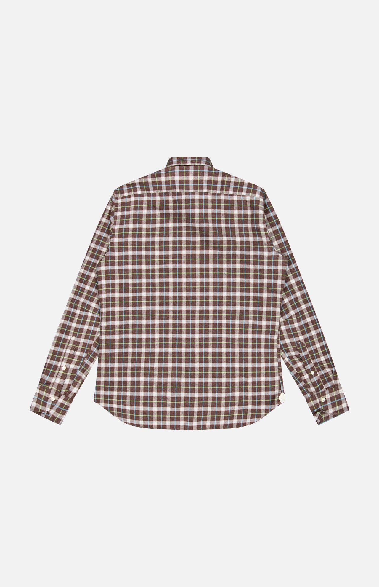 Back view of a Tintoria Mattei Cotton Plaid Shirt, a pure cotton long-sleeved button-up featuring a brown, white, and blue plaid pattern.