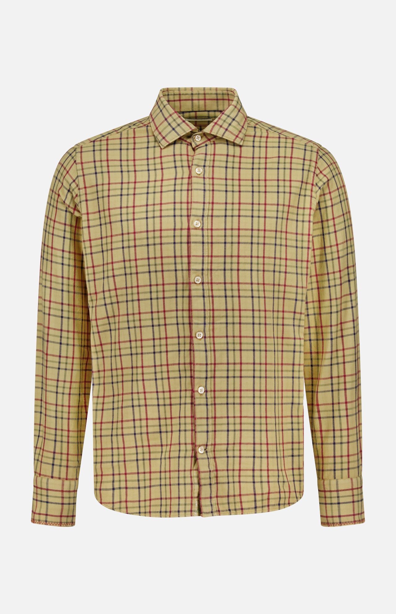 Introducing the Cotton Plaid Dress Shirt by TINTORIA MATTEI—a men’s long-sleeve button-up crafted from cotton, featuring a vibrant yellow base with a striking red and black checkered pattern, showcased against a plain white background.