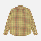 A TINTORIA MATTEI Cotton Plaid Dress Shirt for men, featuring long sleeves and a yellow base with a red, green, and black plaid pattern, is shown laid flat with the back side facing up.