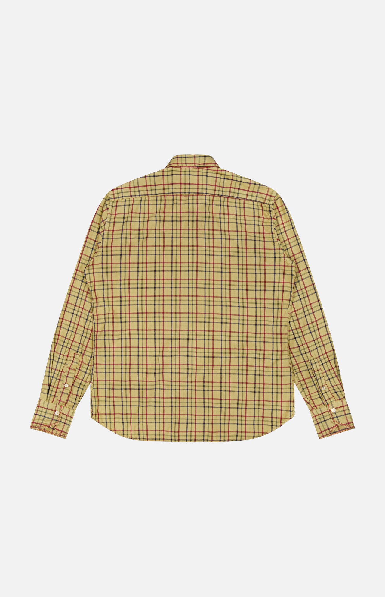 A TINTORIA MATTEI Cotton Plaid Dress Shirt for men, featuring long sleeves and a yellow base with a red, green, and black plaid pattern, is shown laid flat with the back side facing up.