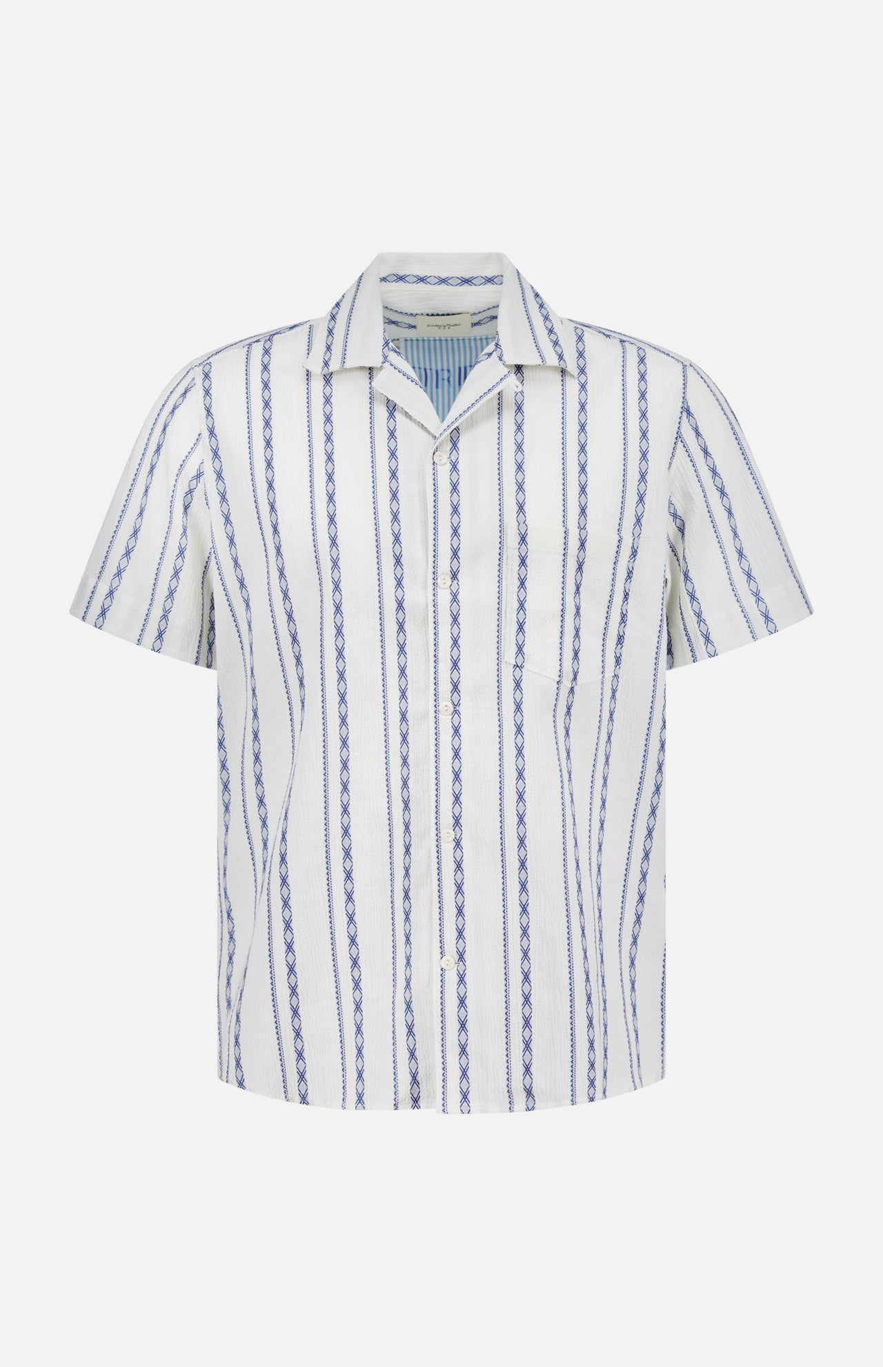 The TINTORIA MATTEI Cotton Stretch Short Sleeve Shirt features blue and white vertical stripes, a collared, button-up design, single chest pocket, and is displayed on a plain white background.