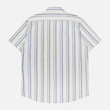 The TINTORIA MATTEI Cotton Stretch Short Sleeve Shirt features white fabric with vertical blue stripes, a collar, and a casual men's design. Shown from the back against a plain white background.
