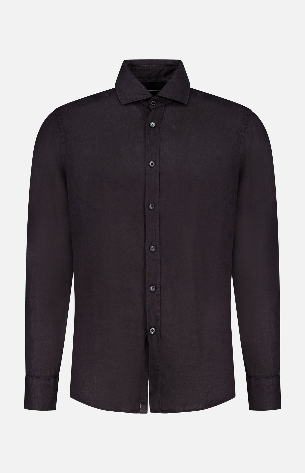 The TINTORIA MATTEI Garment Dyed Linen Shirt is a men’s black, long-sleeve, collared shirt with front and cuff buttons, shown on a plain white background—a classic, tailored summer staple.
