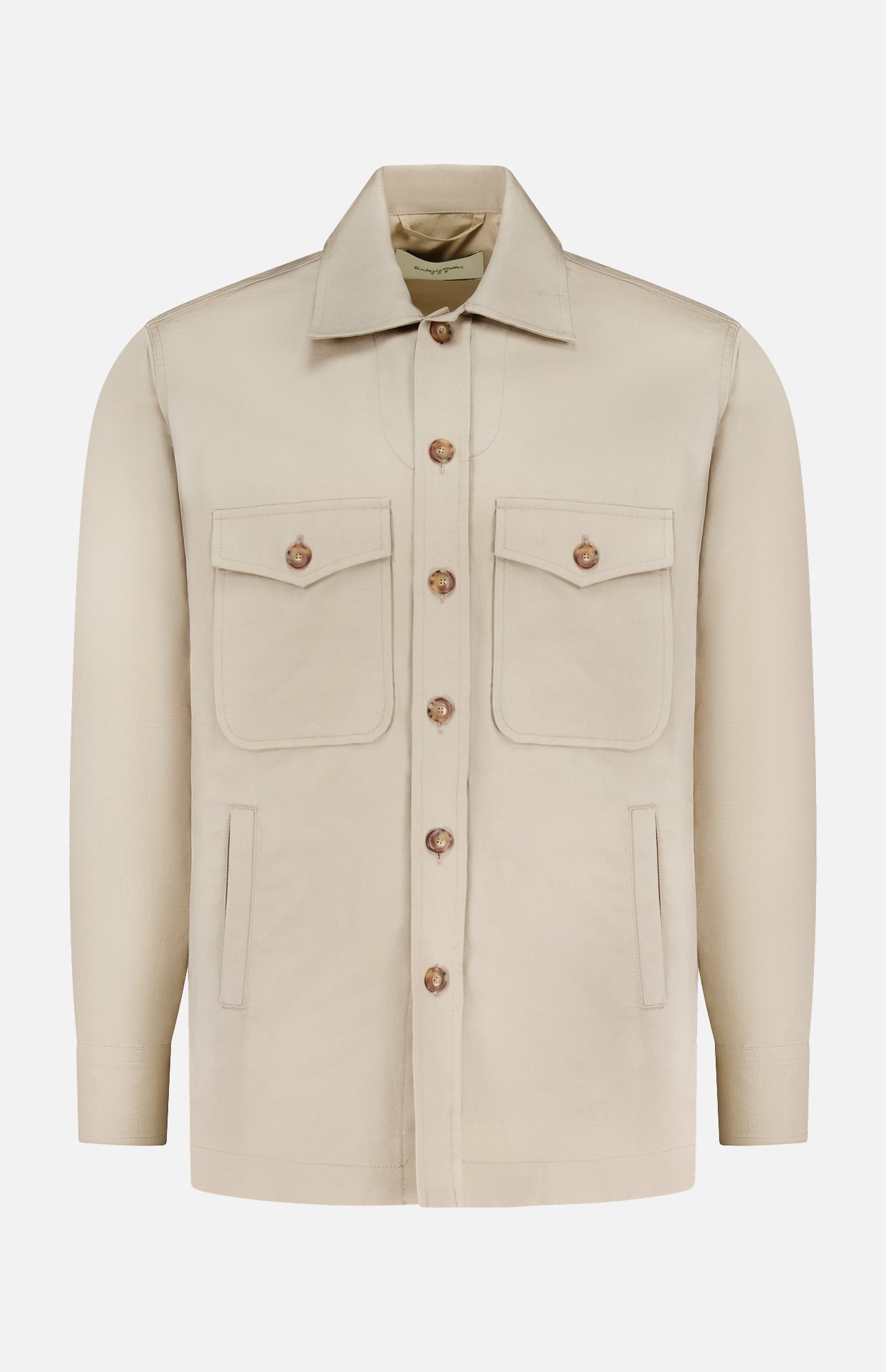 The TINTORIA MATTEI Linen and Cotton Overshirt in stone features a button-up front, pointed collar, two chest flap pockets with buttons, and two vertical side pockets, shown on a plain white background.