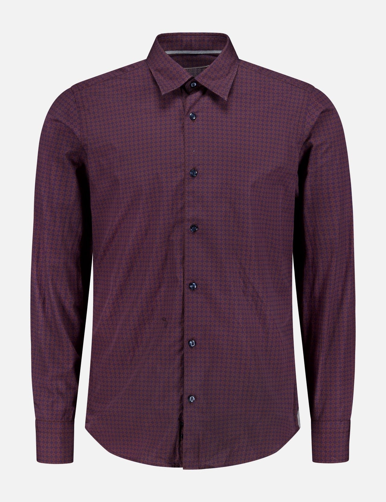 The TINTORIA MATTEI Minimalistic Print Cotton Shirt for men features long sleeves, button-up front, and a subtle geometric micro print in dark maroon, shown on a plain white background.