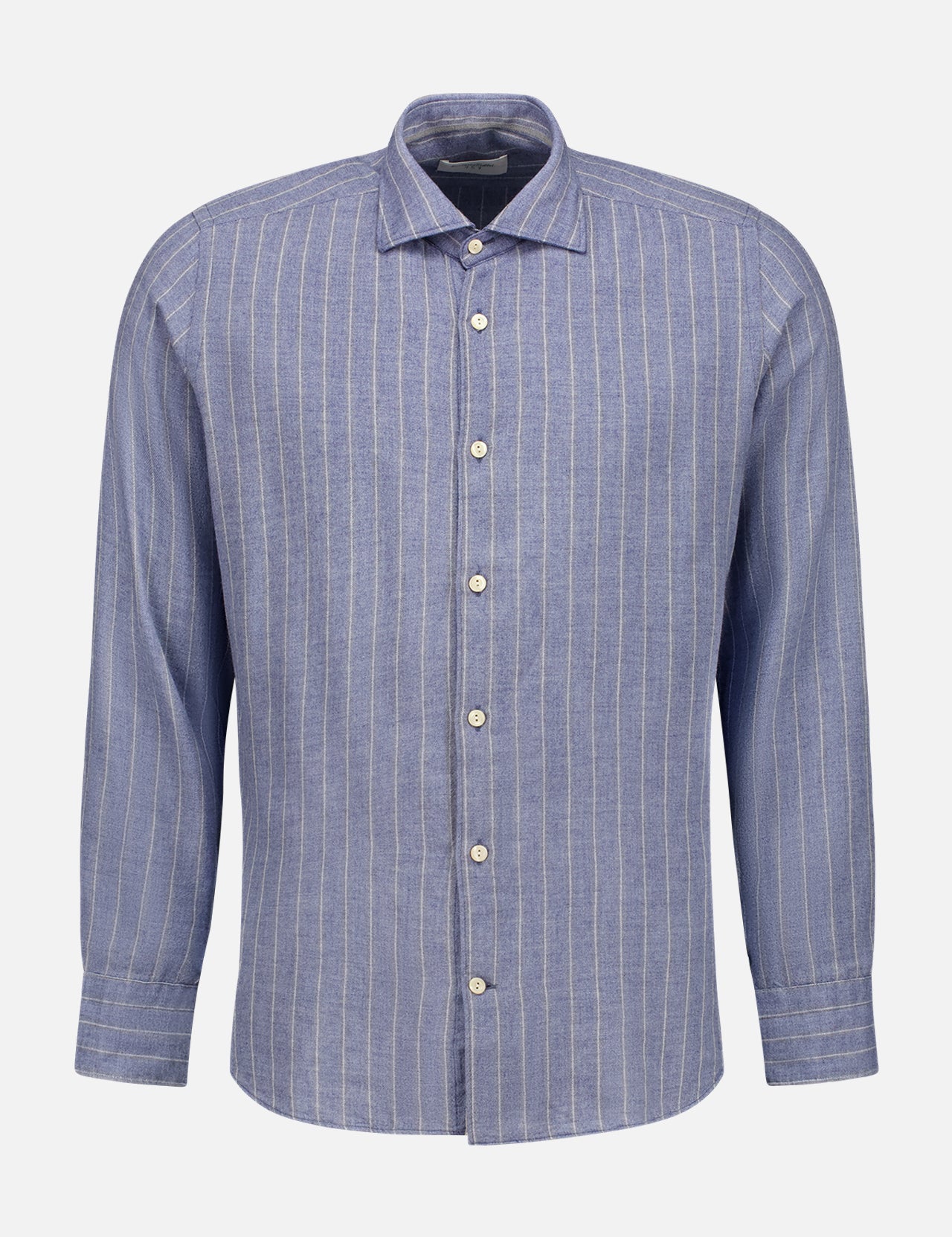 The TINTORIA MATTEI Pinstripe Shirt is a long-sleeved, collared, blue button-up with vertical white pinstripes, perfect for office wear. Shown on a plain light background.