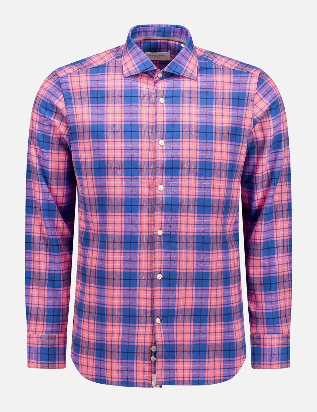 The TINTORIA MATTEI Plaid Shirt is a pure cotton, long-sleeve, button-up shirt with a pink and blue plaid pattern, shown fully buttoned on a white background.