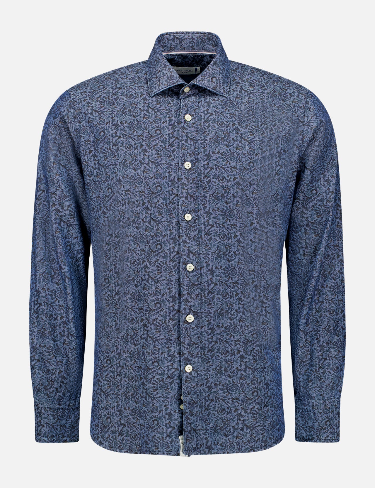 The TINTORIA MATTEI Printed Denim Shirt is a long-sleeved, 100% cotton men's button-up with a blue and black floral print, classic collar, and white buttons—perfect for office wear. Shown on a plain white background.