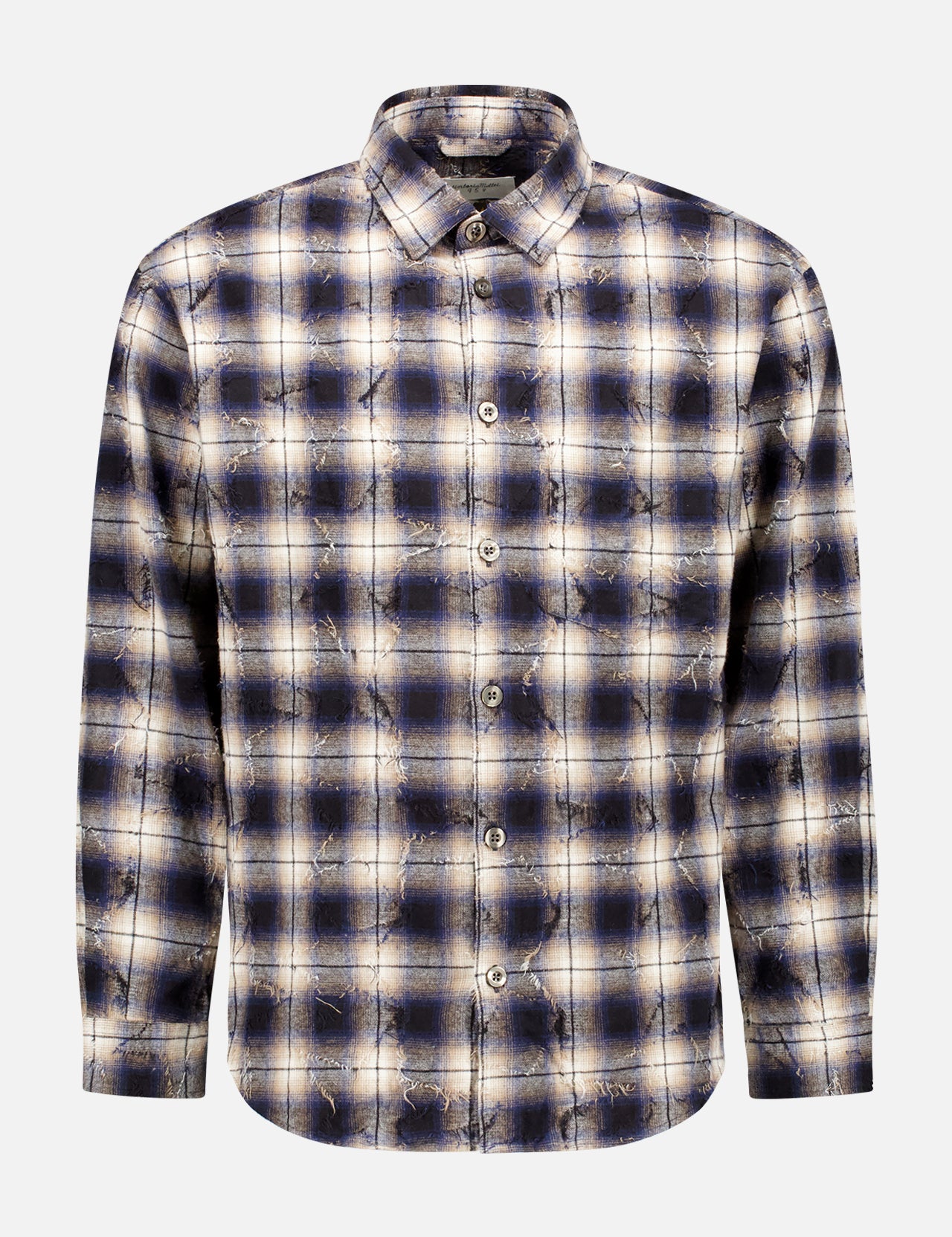 The TINTORIA MATTEI Stars Plaid Shirt features blue, black, and beige plaid with star embroidery and is shown on a plain white background.