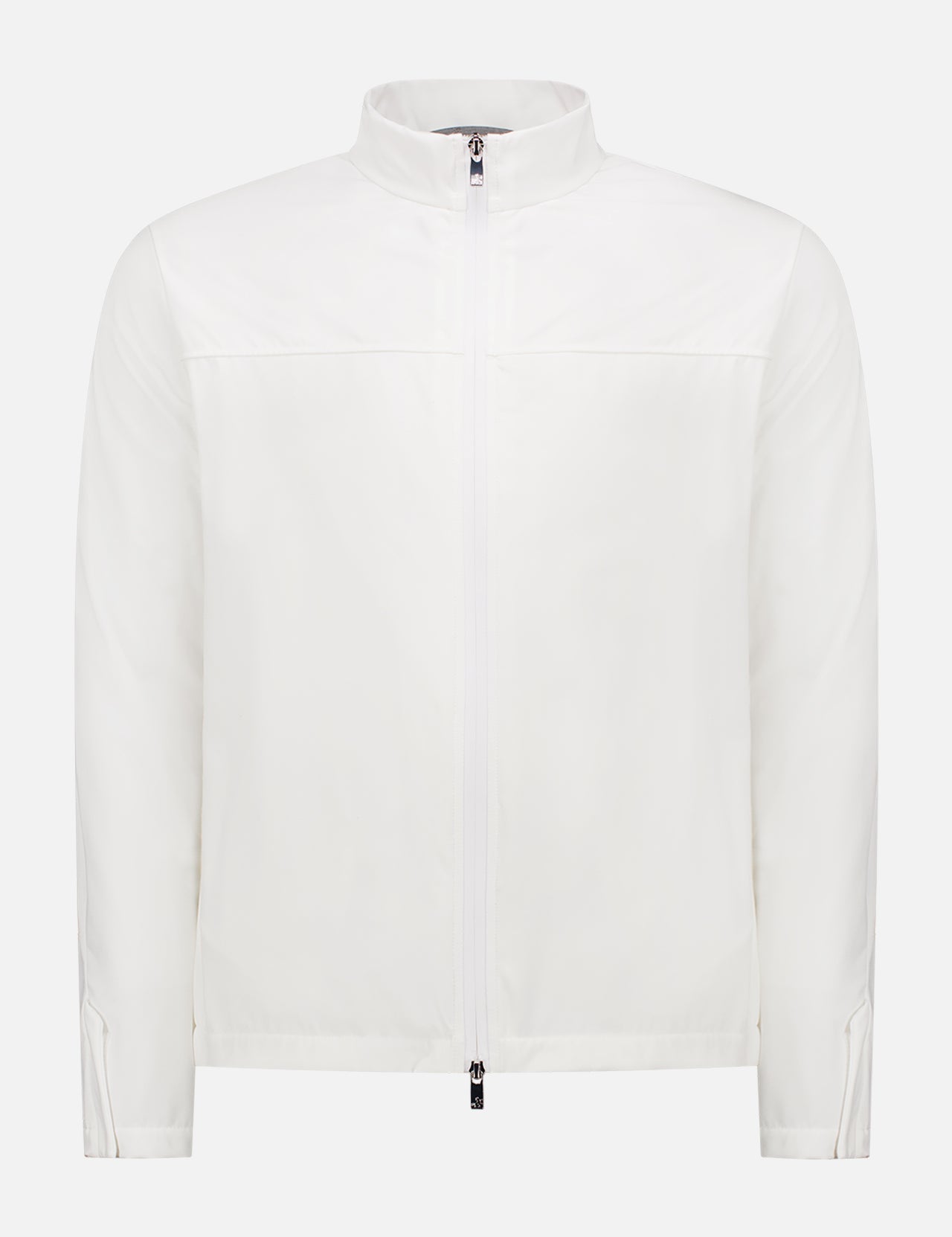 The TMB (TOMBOLINI ZERO GRAVITY) Running Jacket is a plain white men's long-sleeve zip-up with a stand collar and front zipper, featuring a minimal design—an ideal activewear staple shown against a white background.