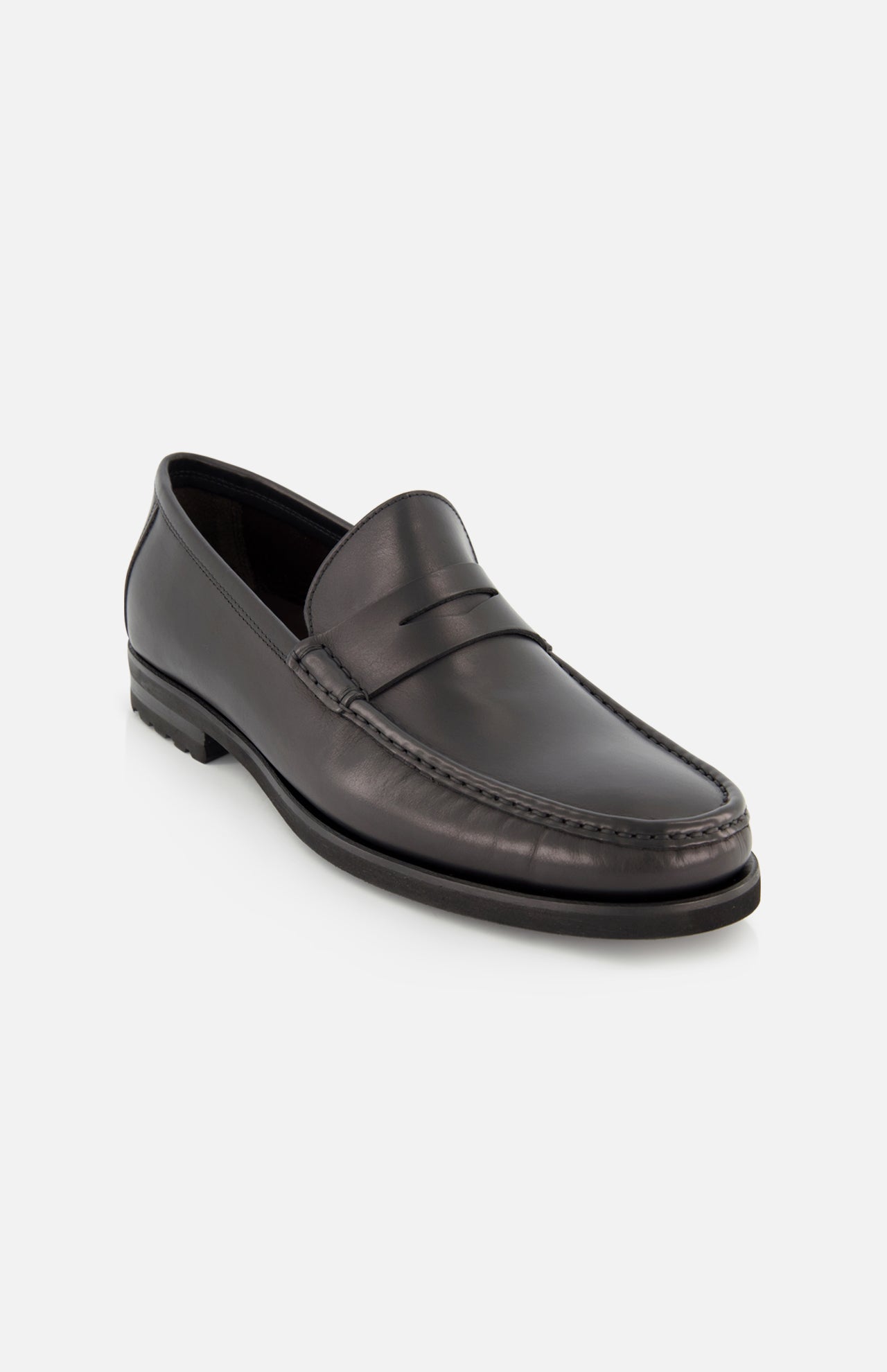 The TO BOOT Belfast Leather Loafer is a black slip-on with sleek design, visible toe stitching, and a low heel, shown on a plain white background.