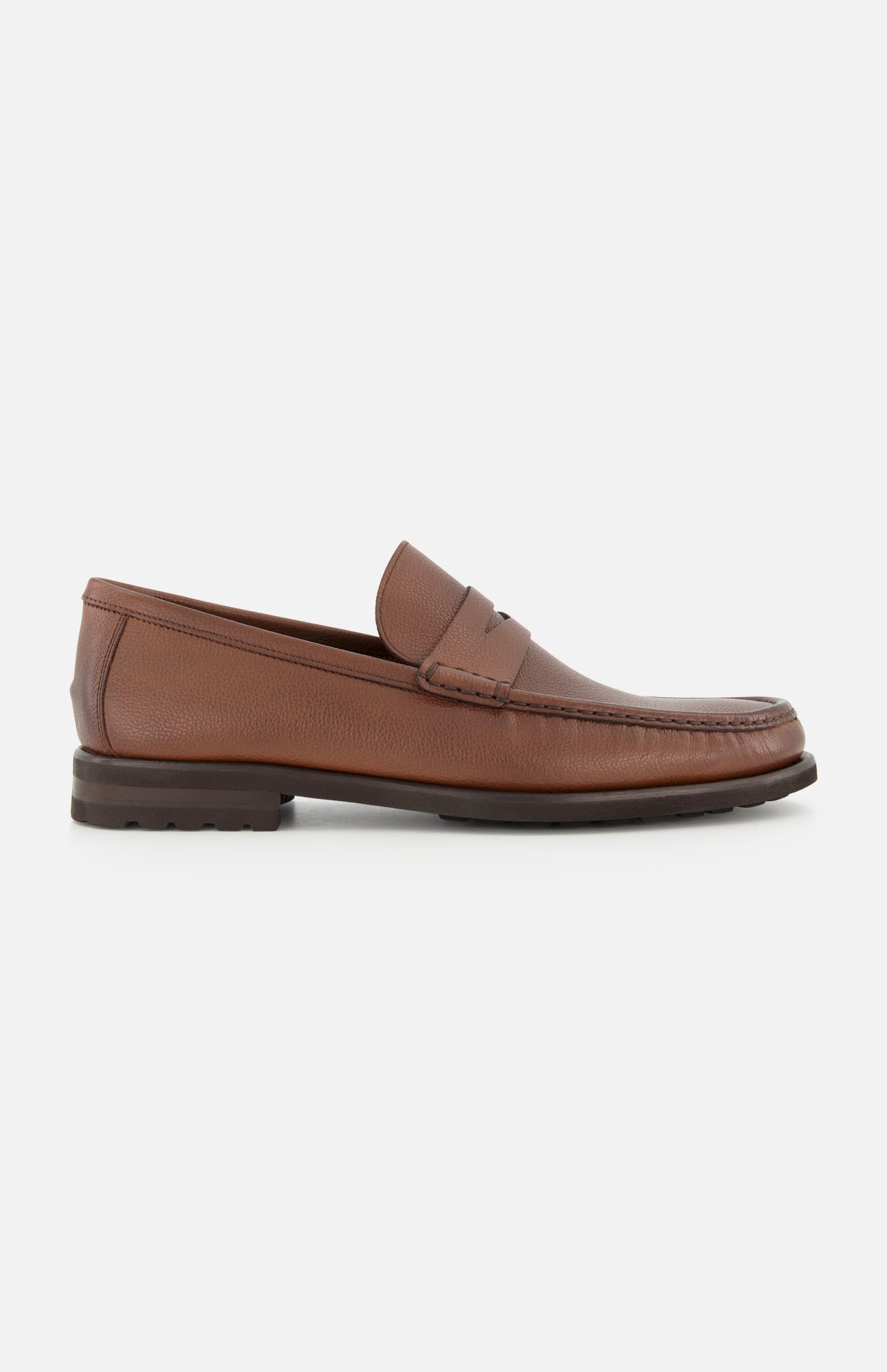The TO BOOT Fischer Penny Leather Loafer, crafted in Italy from brown leather, is shown in profile on a plain white background. This single loafer features a low heel, a classic penny strap detail, and a textured surface.