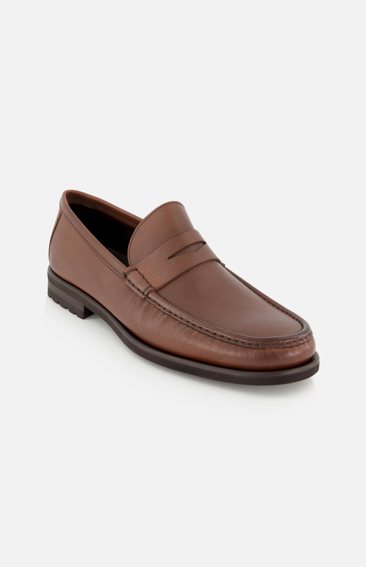 The Fischer Penny Leather Loafer by TO BOOT is a single brown leather slip-on shoe, crafted in Italy with a low heel and a traditional penny slot on the vamp, shown against a plain white background.