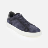 TO BOOT James Slip On Sneaker in navy blue suede, featuring a white rubber sole and black heel accent, made in Italy and shown against a plain white background.