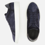 A pair of James Slip On Sneakers by TO BOOT in navy suede with white soles, made in Italy, displayed from side and top views on a white background.