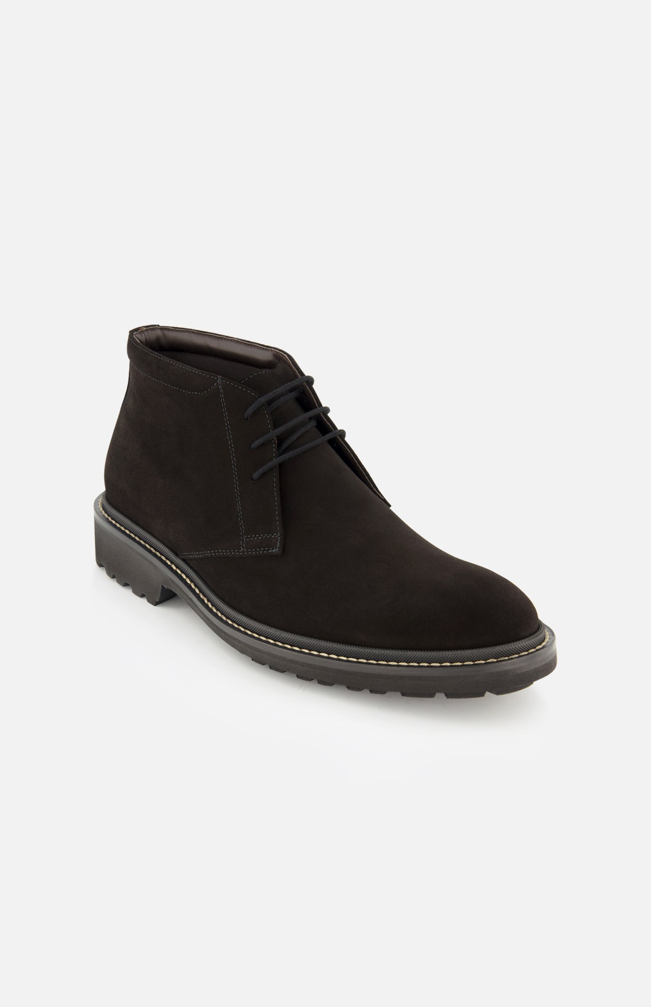 The Javier Suede Chukka Boot by TO BOOT is a single men’s designer boot in black, expertly crafted from premium suede with black laces, distinctive visible stitching along the sole, and a rugged rubber outsole—presented against a white background.