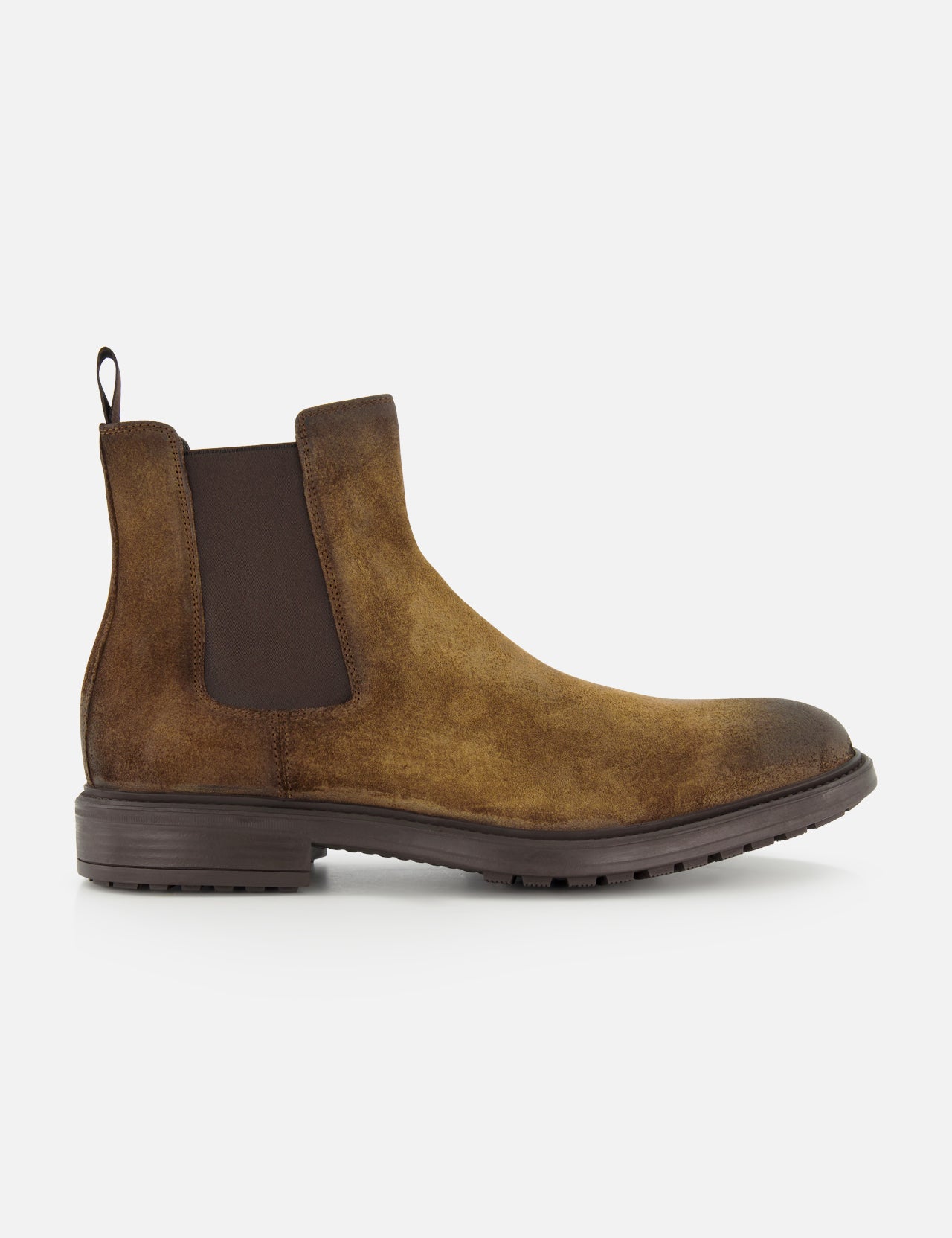 The Largo Suede Chelsea Boot by TO BOOT features rich brown suede with a dark elastic side panel, a convenient pull tab at the back, and a durable dark rubber sole. This classic men’s footwear essential is shown against a plain white background.