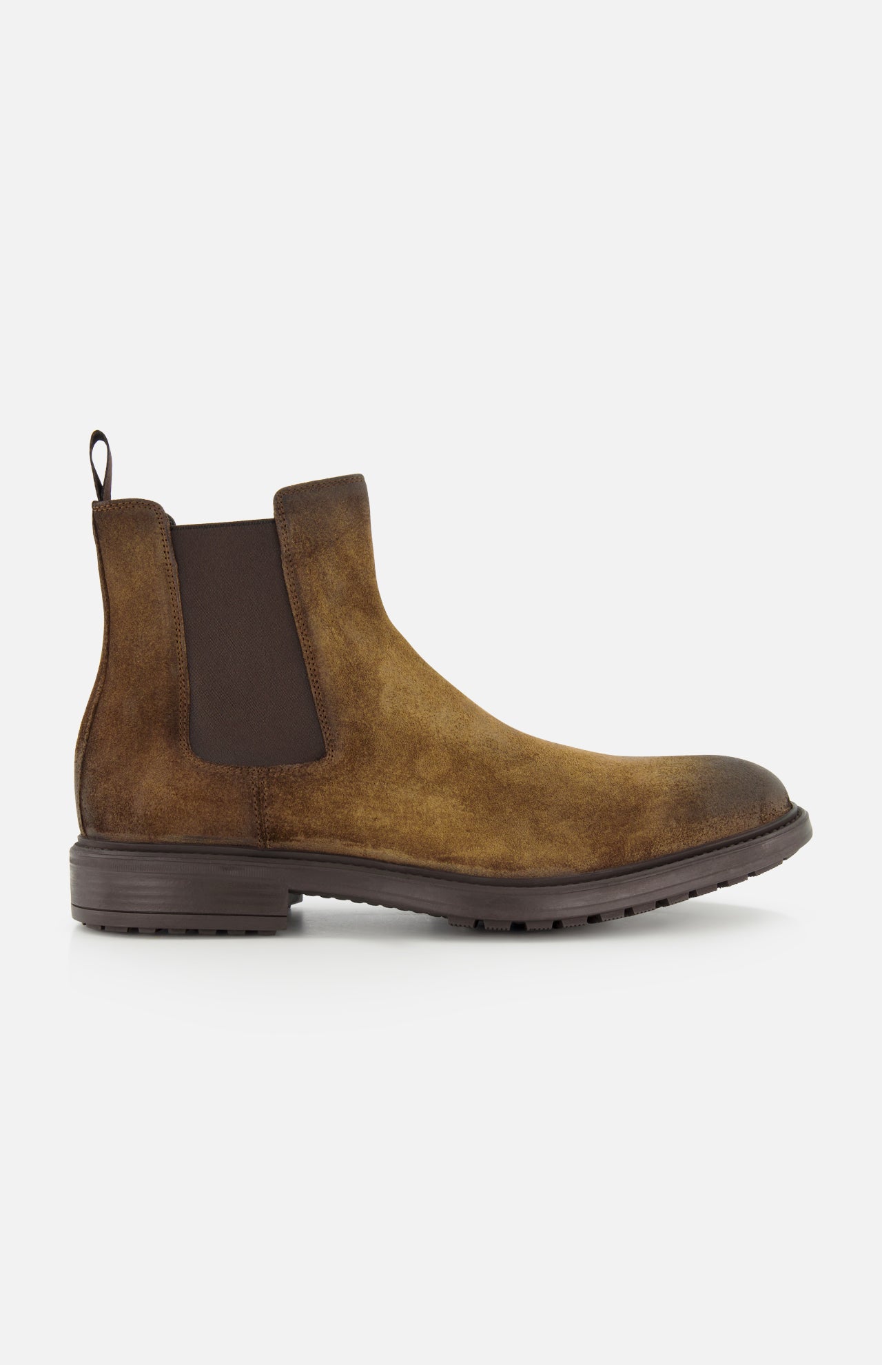 The Largo Suede Chelsea Boot by TO BOOT features rich brown suede with a dark elastic side panel, a convenient pull tab at the back, and a durable dark rubber sole. This classic men’s footwear essential is shown against a plain white background.
