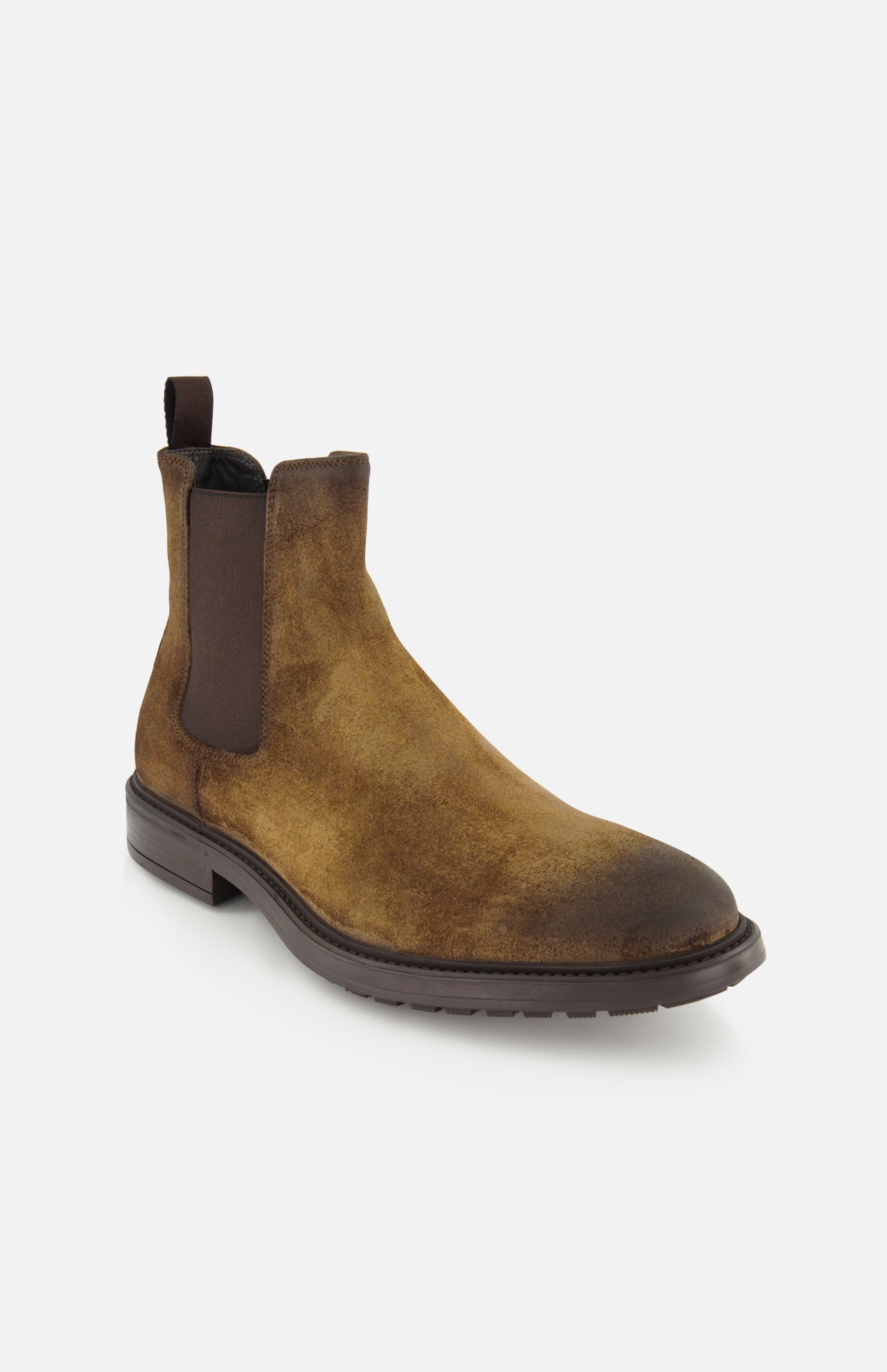 Introducing the Largo Suede Chelsea Boot by TO BOOT—a brown suede men’s boot featuring a subtle worn effect, dark elastic side panels, a pull tab at the back, rounded toe, and low heel. Displayed against a white background, this essential footwear piece combines classic style with everyday versatility.
