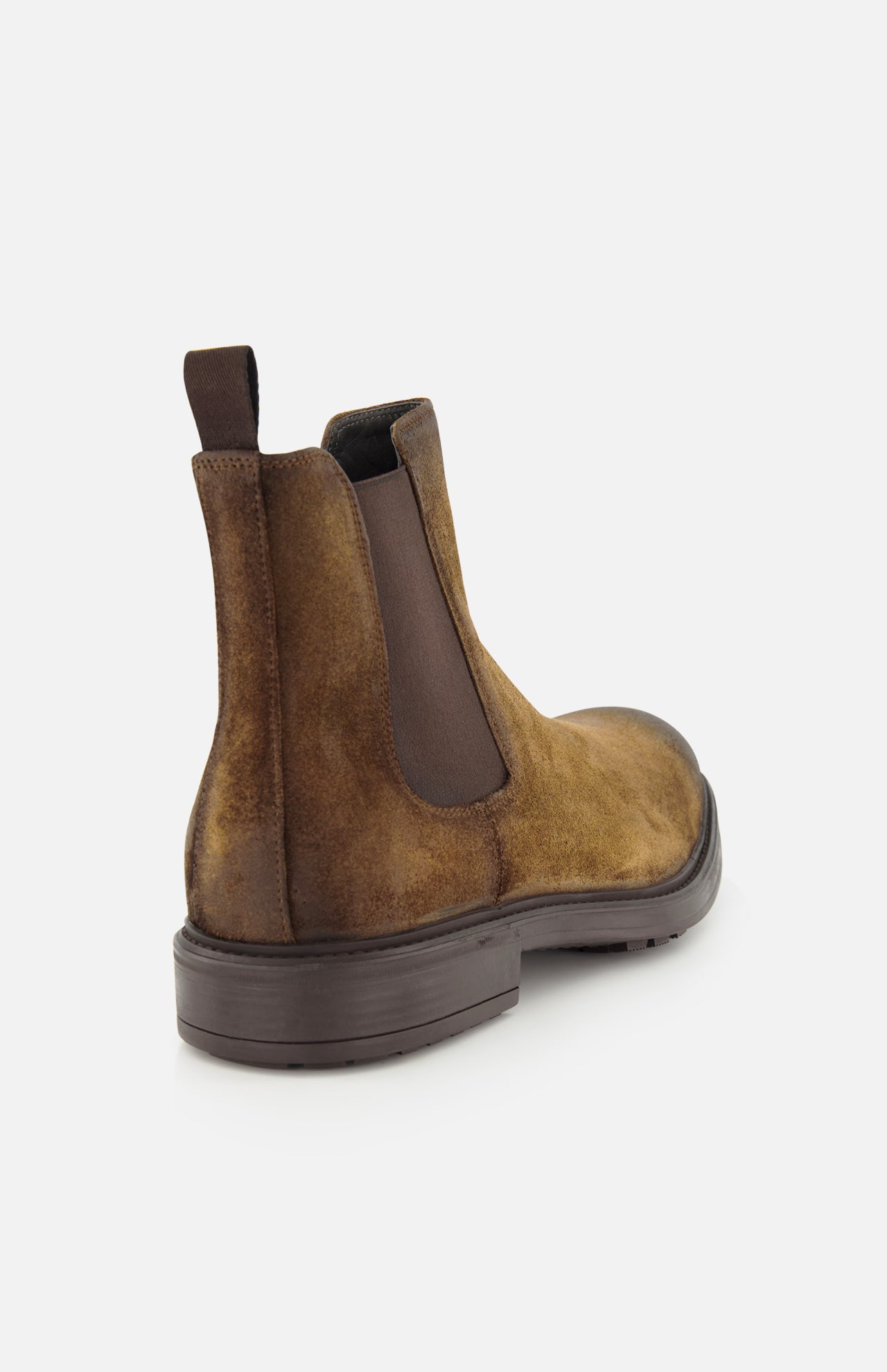 The Largo Suede Chelsea Boot by TO BOOT, a classic men’s footwear staple, is crafted in brown suede with a dark elastic side panel and pull tab, shown from the back against a white background.