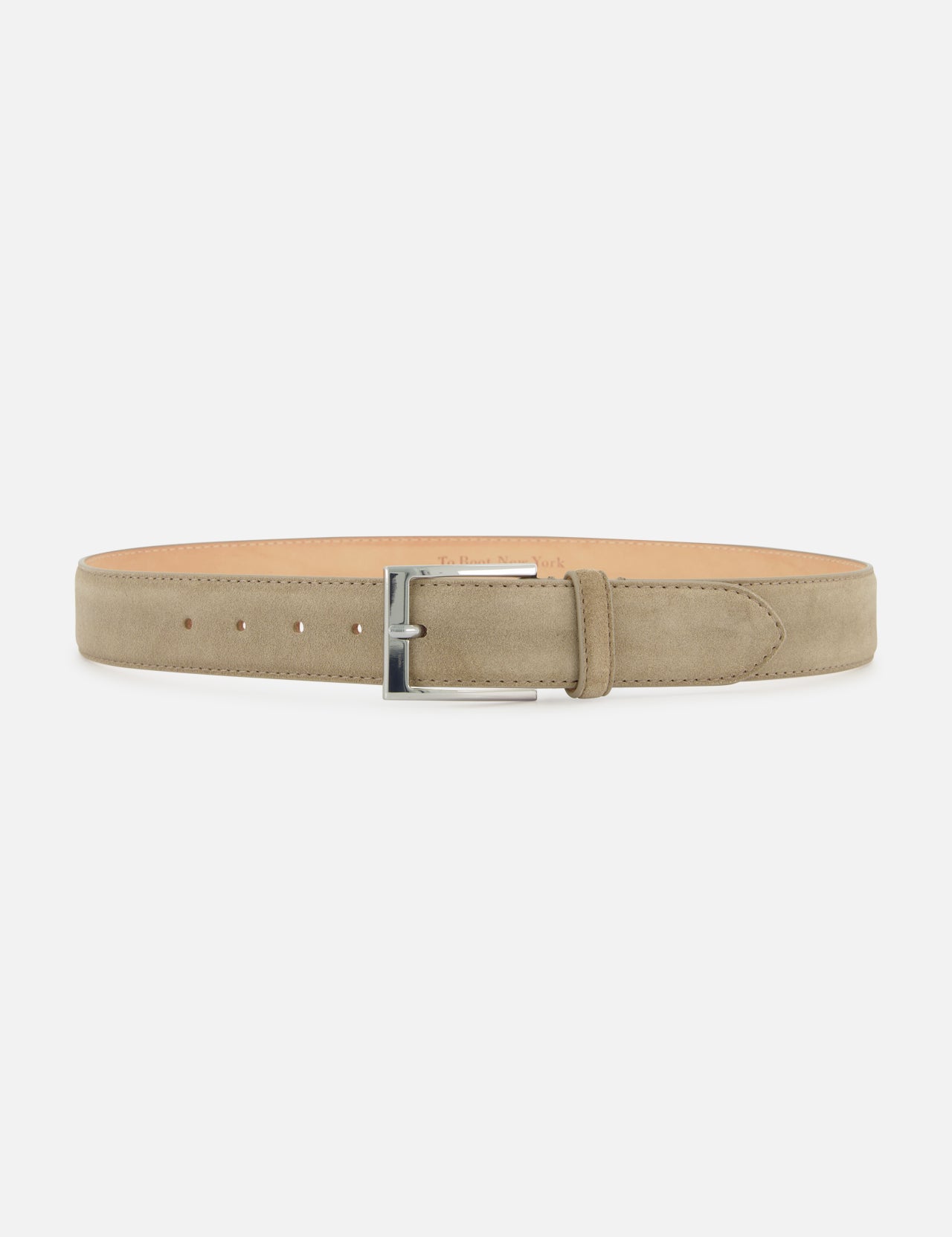 The TO BOOT Suede Silver Buckle Belt in beige premium suede, made in Italy, features a sleek silver rectangular buckle, multiple adjustment holes, and a smooth minimalist design, displayed horizontally on a white background.