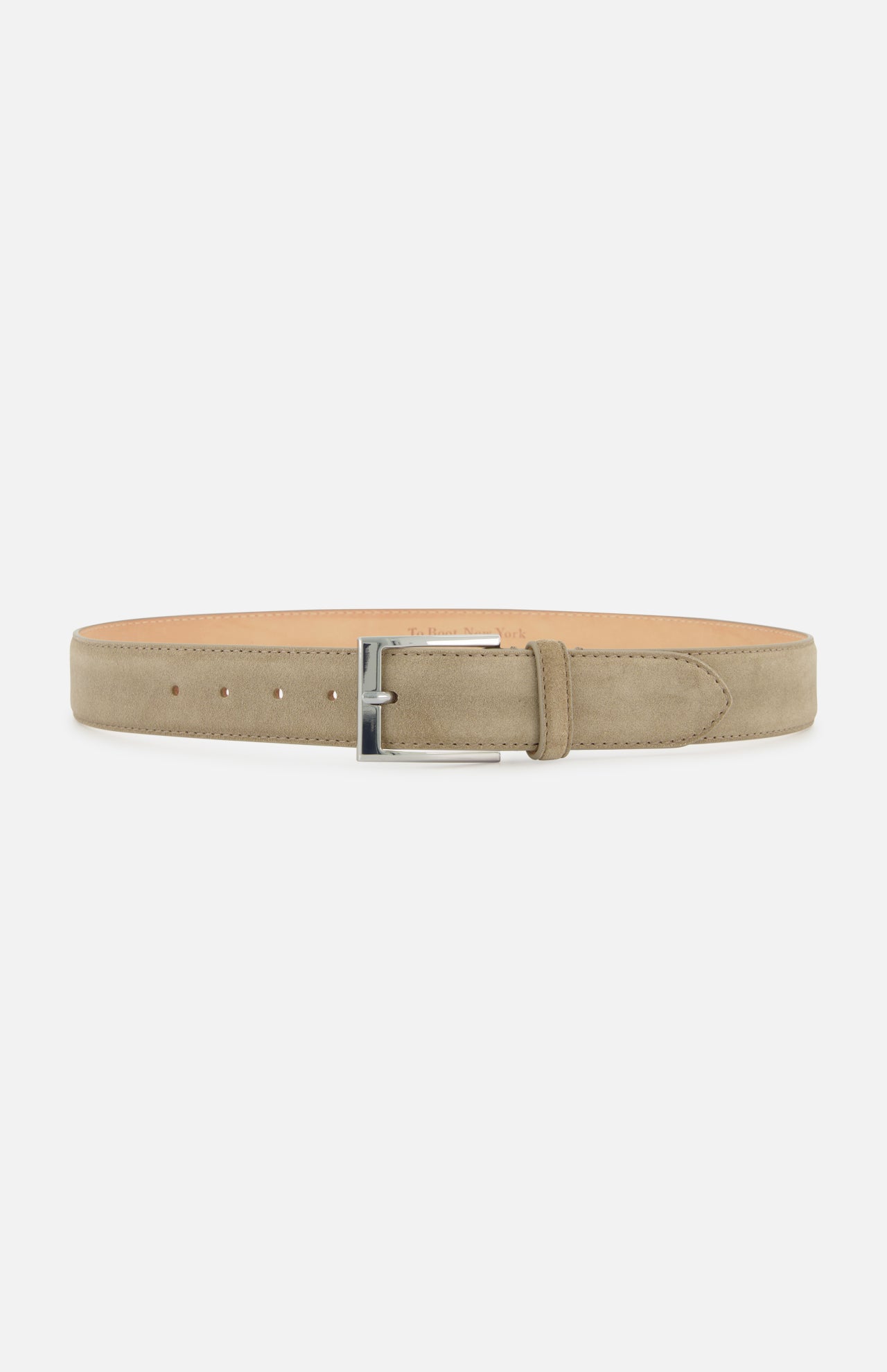The TO BOOT Suede Silver Buckle Belt in beige premium suede, made in Italy, features a sleek silver rectangular buckle, multiple adjustment holes, and a smooth minimalist design, displayed horizontally on a white background.