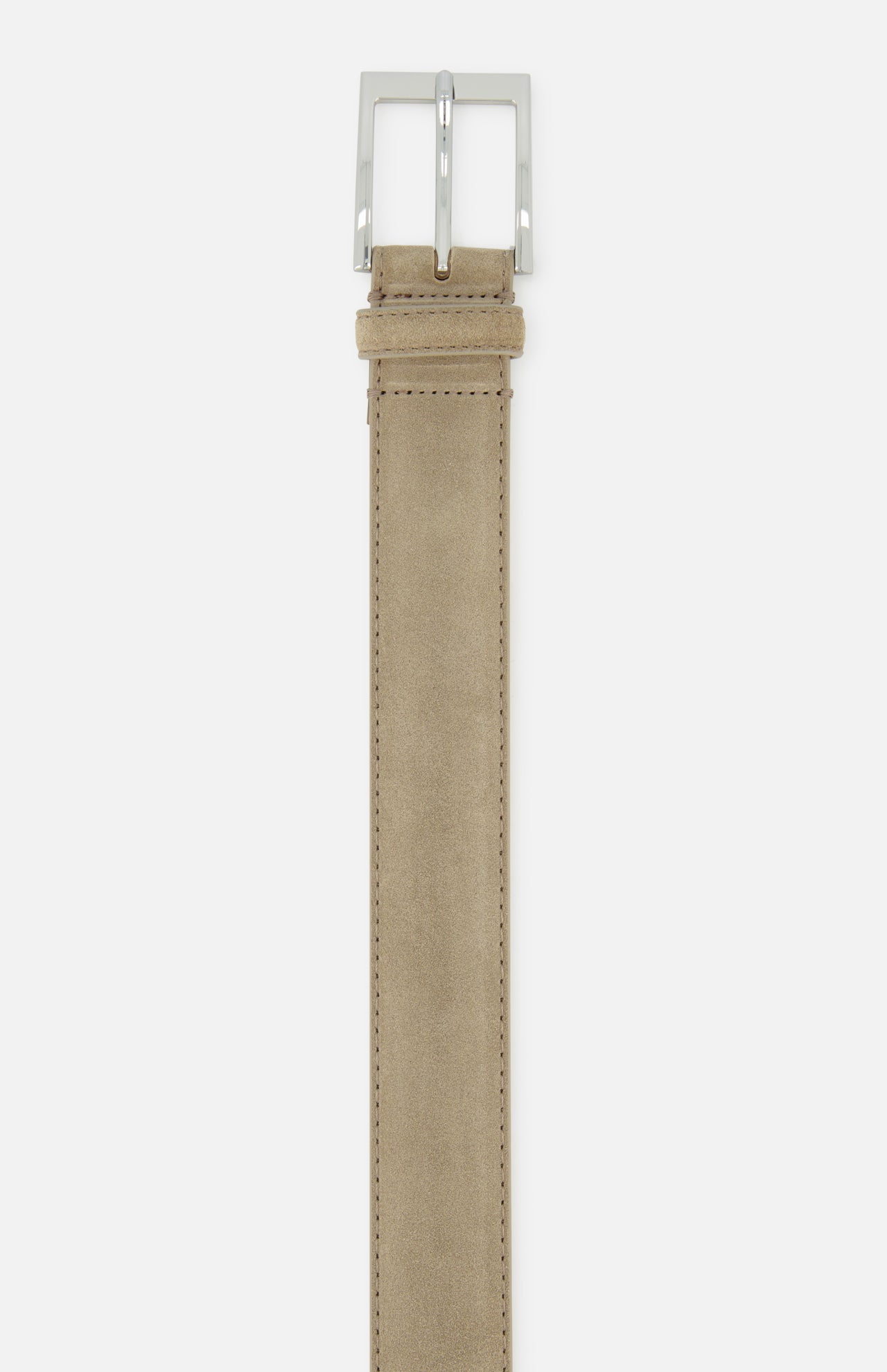 The TO BOOT Suede Silver Buckle Belt is shown vertically against a white background, featuring beige suede and a silver rectangular buckle. Made in Italy.