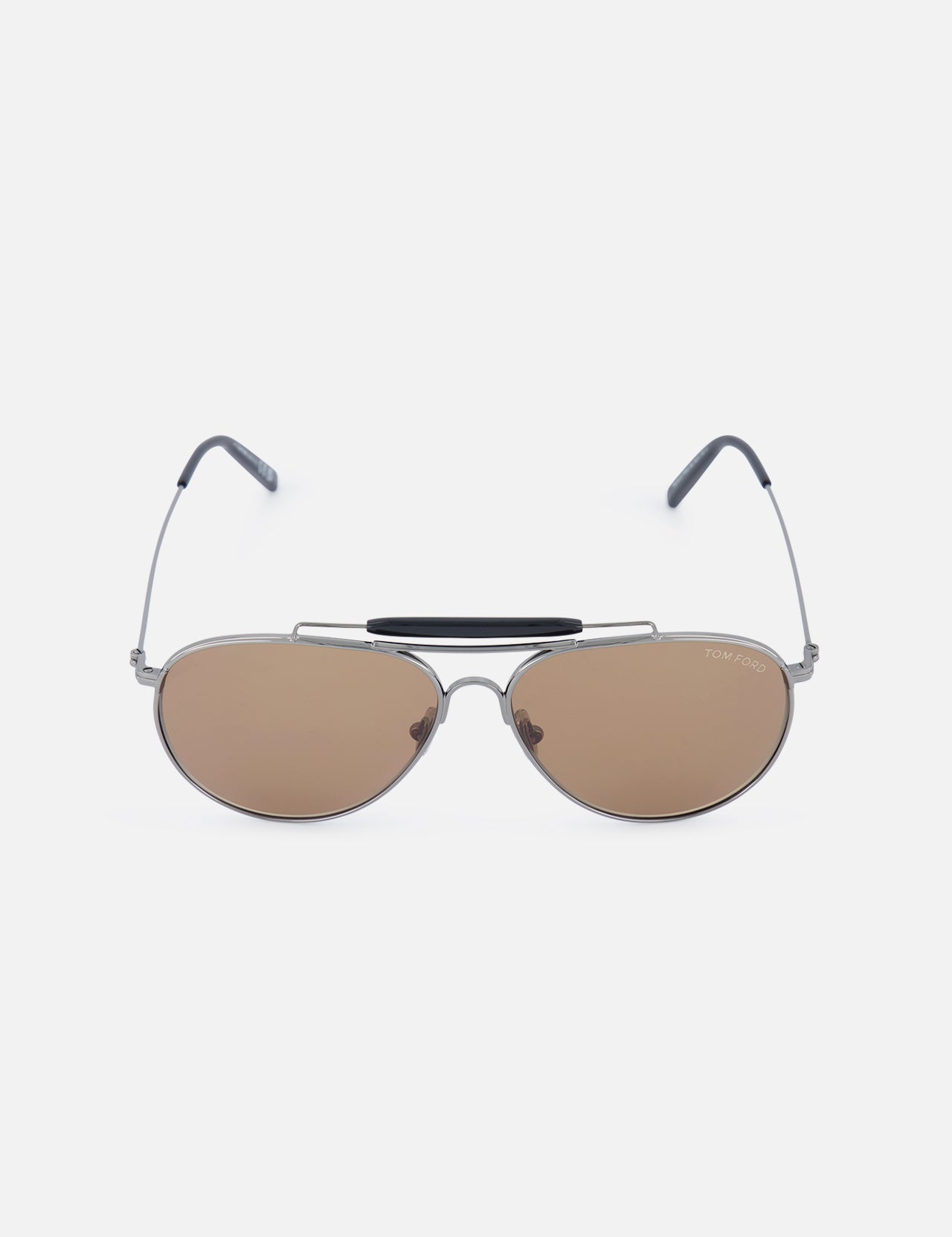 The TOM FORD Raphael Sunglasses feature aviator-style brown tinted lenses, thin silver metal frames, a black nose bridge, and black temple tips, shown against a white background.