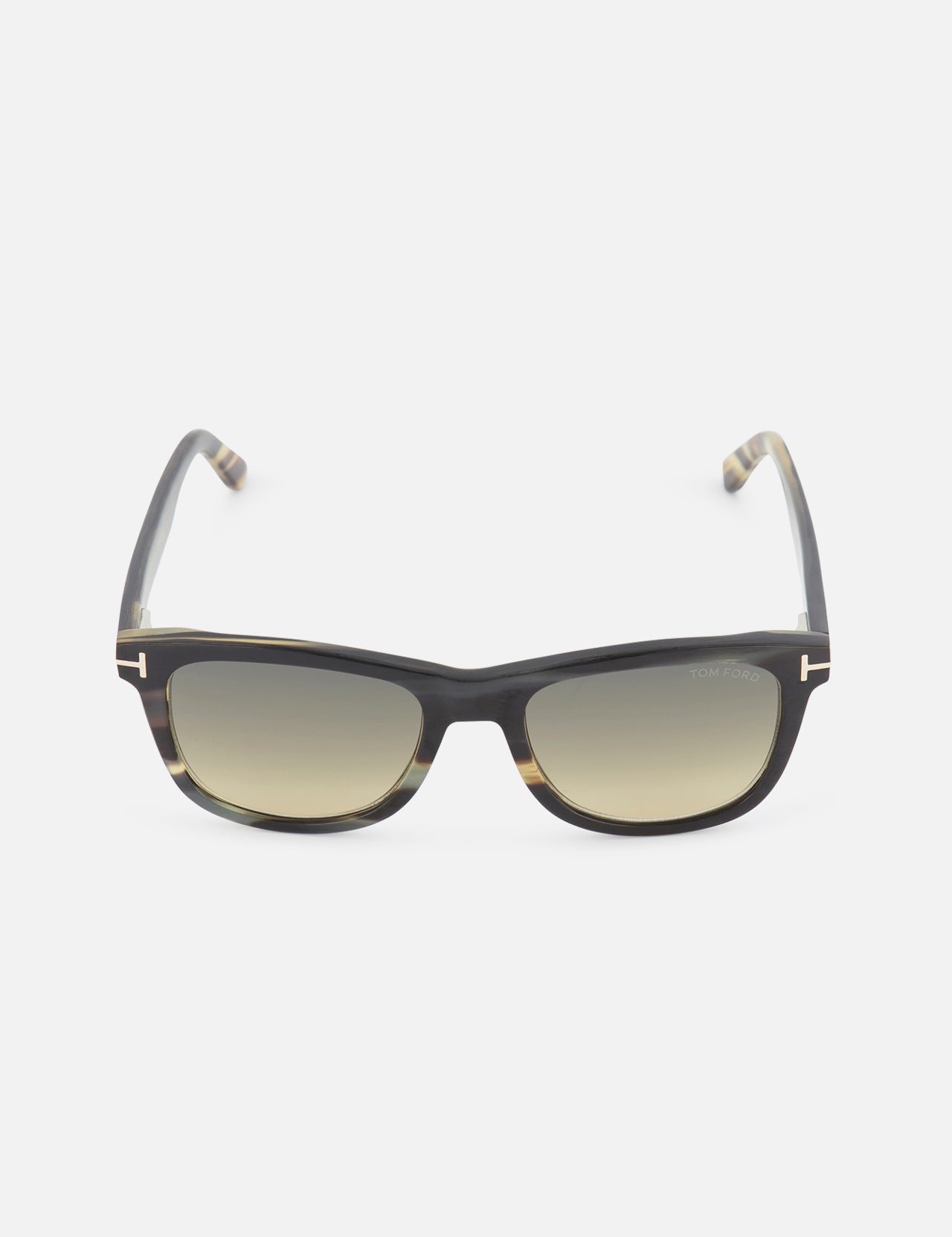 Front view of the TOM FORD Horn Softly Squared Dark Brown Sunglasses, featuring gradient lenses and gold accents on the frame and temple hinges, set against a plain white background.