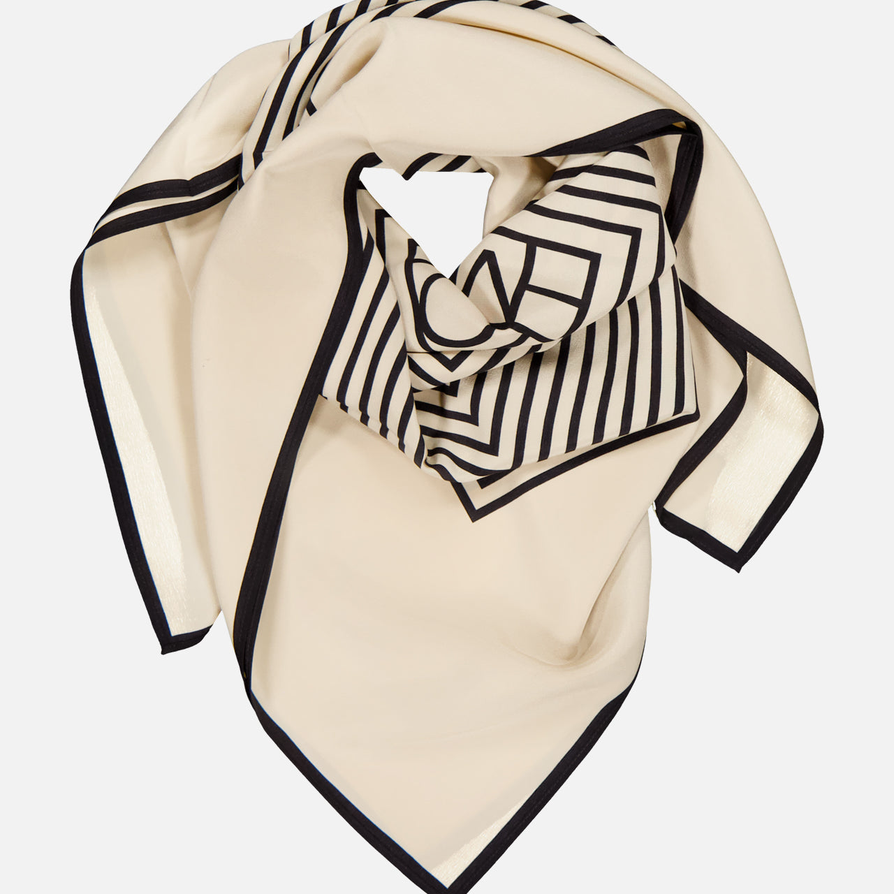 The TOTEME Centered Monogram Silk Scarf features cream silk with a black border and geometric stripes, styled in a loose fold—a chic accessory to elevate any woman's fashion look.