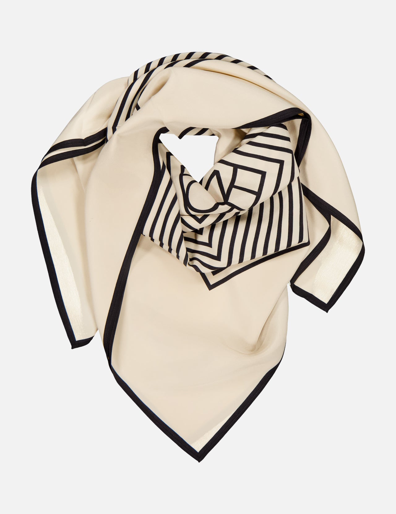 The TOTEME Centered Monogram Silk Scarf features cream silk with a black border and geometric stripes, styled in a loose fold—a chic accessory to elevate any woman's fashion look.