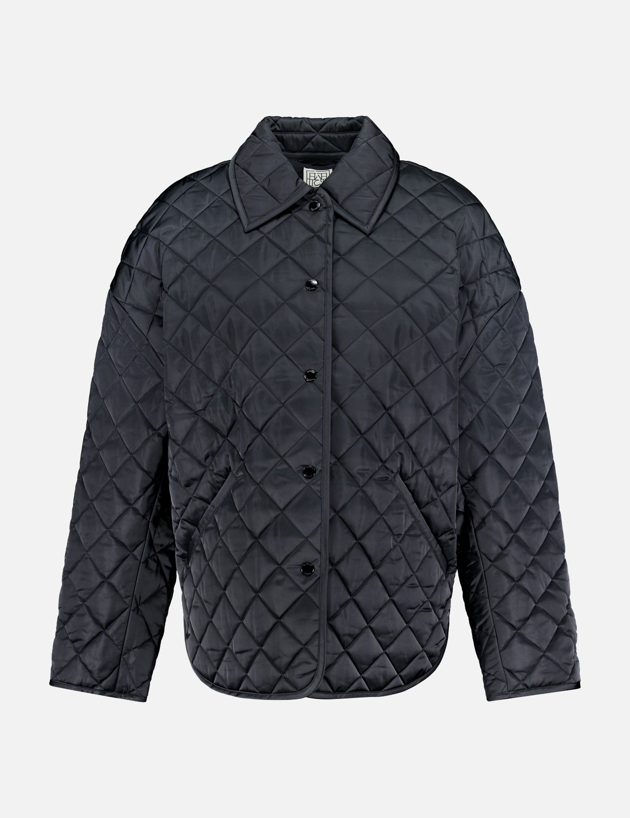 The TOTEME Collared Quilted A-line Jacket is a women's fall essential in black, featuring a long-sleeved A-line silhouette with collar, button front, and side pockets, shown against a plain light gray background.
