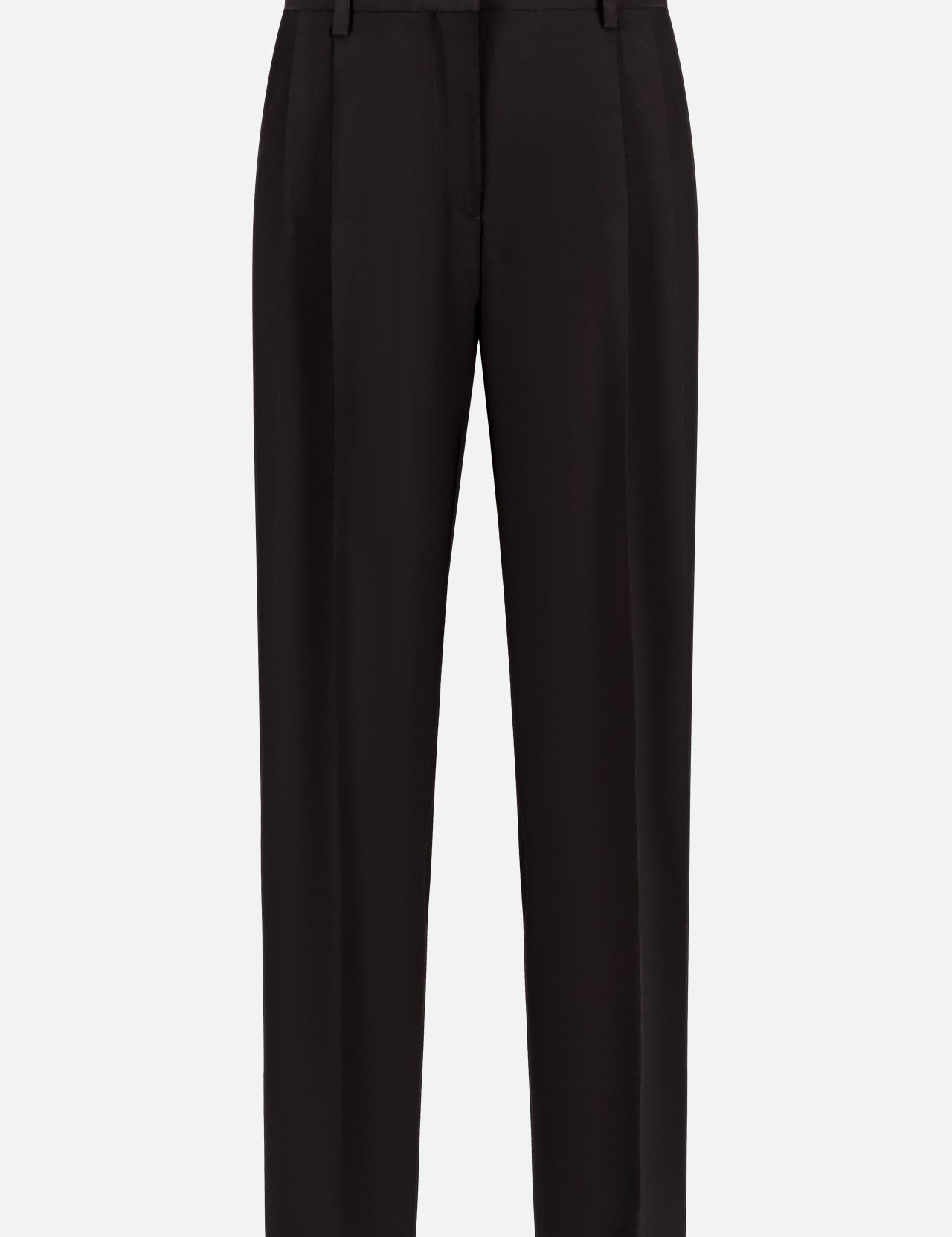 The TOTEME Double-Pleat Straight Trousers feature a classic black hue, belt loops, and a minimalist straight-leg cut, presented against a plain white background.