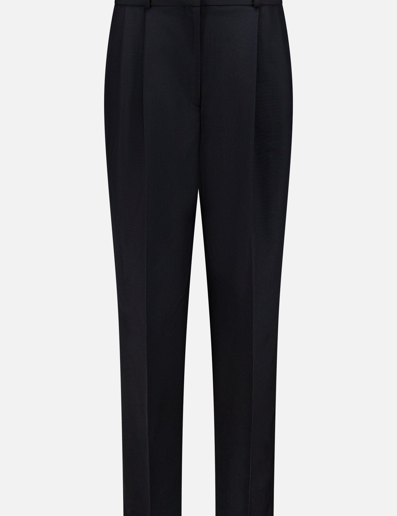 The TOTEME Double-Pleated Tailored Trousers feature belt loops, front pleats, and a straight-leg cut in recycled polyester, shown in black against a plain white background.